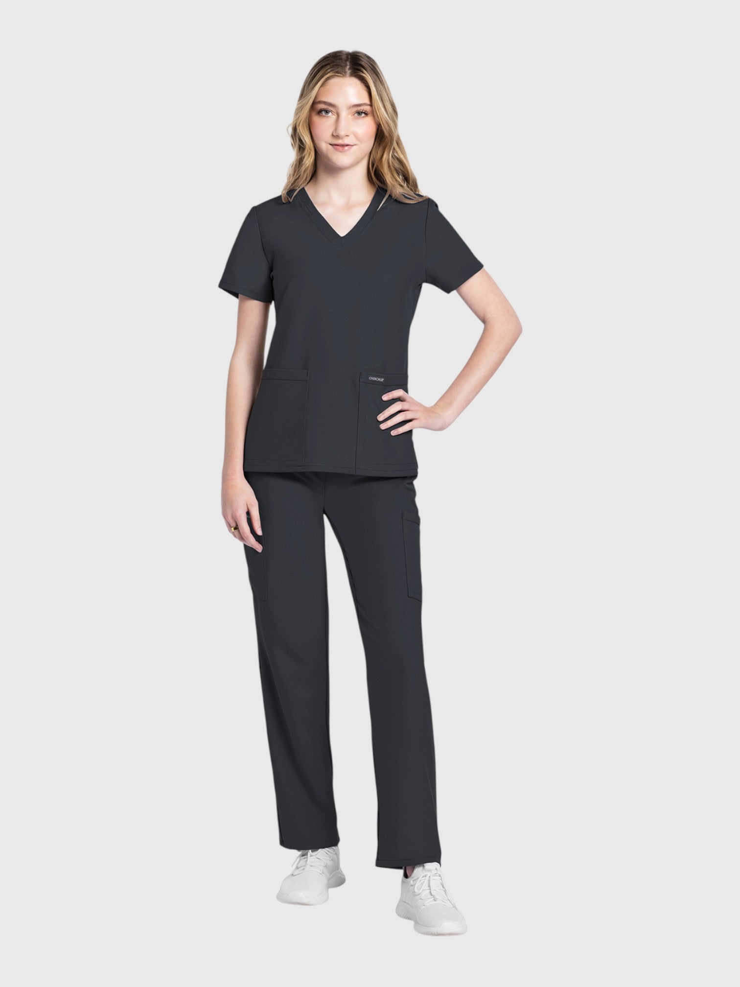 V-Neck Top | Straight Leg Pant 6 Pocket Women's Scrub Set#Color_Pewter