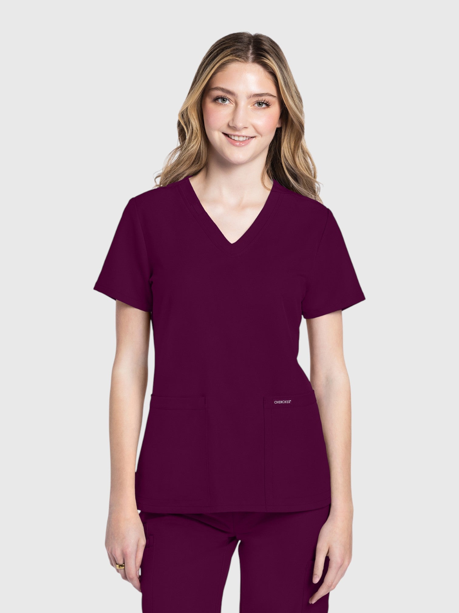 Modern V Neck 2 Pocket Women’s Scrub Top#Color_Wine