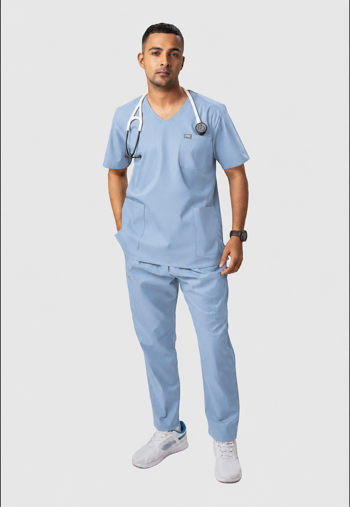 Modern V-Neck Top | Straight Pant 7 Pocket Men's Cotton ScrubSet#Color_Ceil Blue