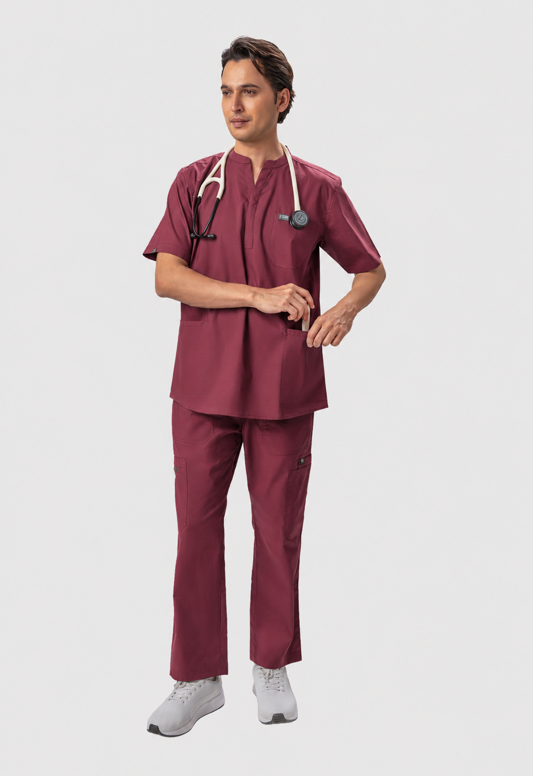 Mandarin Collar Top| Cargo Pant 9 Pocket Men's Cotton ScrubSet#Color_Royal Plum