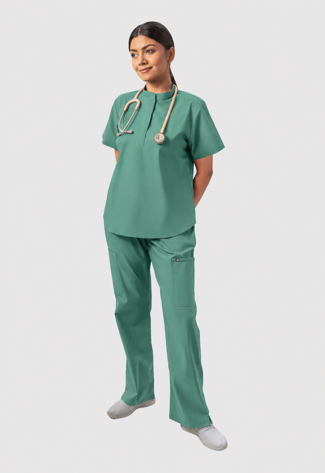 Mandarin Collar Top | Wide Leg Pant 7 Pocket Women's Cotton ScrubSet#Color_Ocean Teal