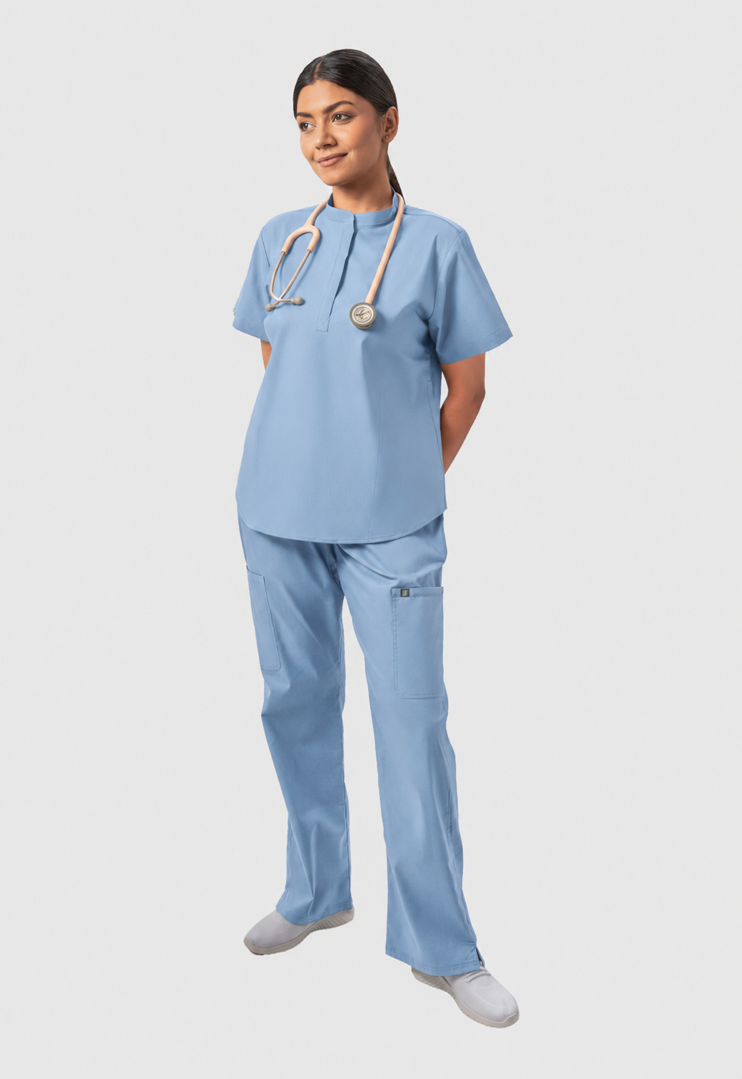 Mandarin Collar Top | Wide Leg Pant 7 Pocket Women's Cotton ScrubSet#Color_Ceil Blue