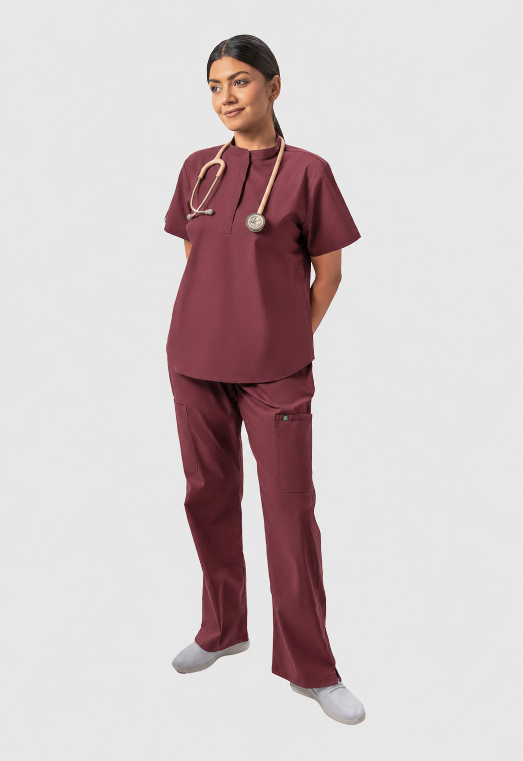 Mandarin Collar Top | Wide Leg Pant 7 Pocket Women's Cotton ScrubSet#Color_Royal Plum