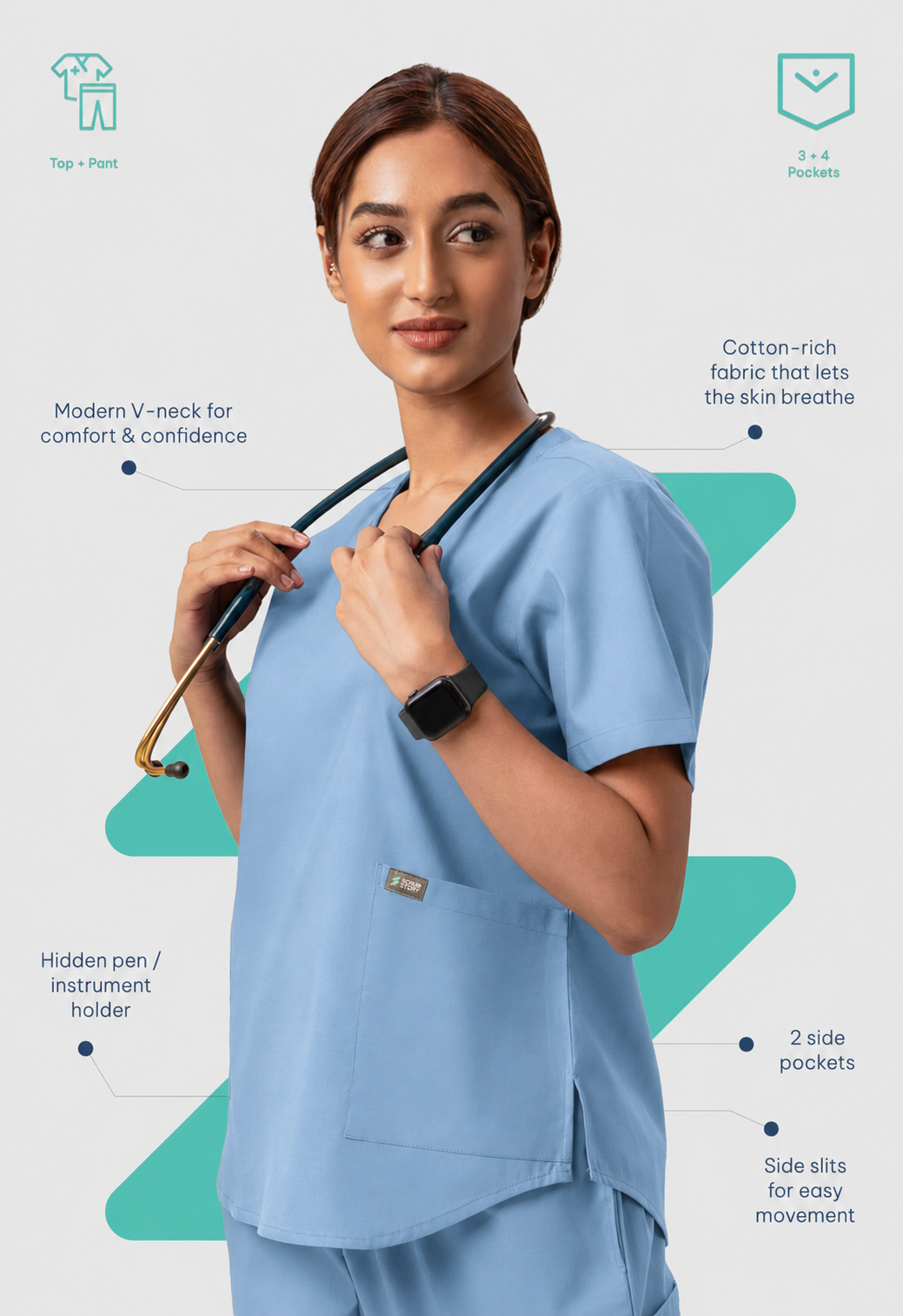Modern V-Neck Top | Straight Pant 6 Pocket Women's Cotton ScrubSet#Color_Ceil Blue