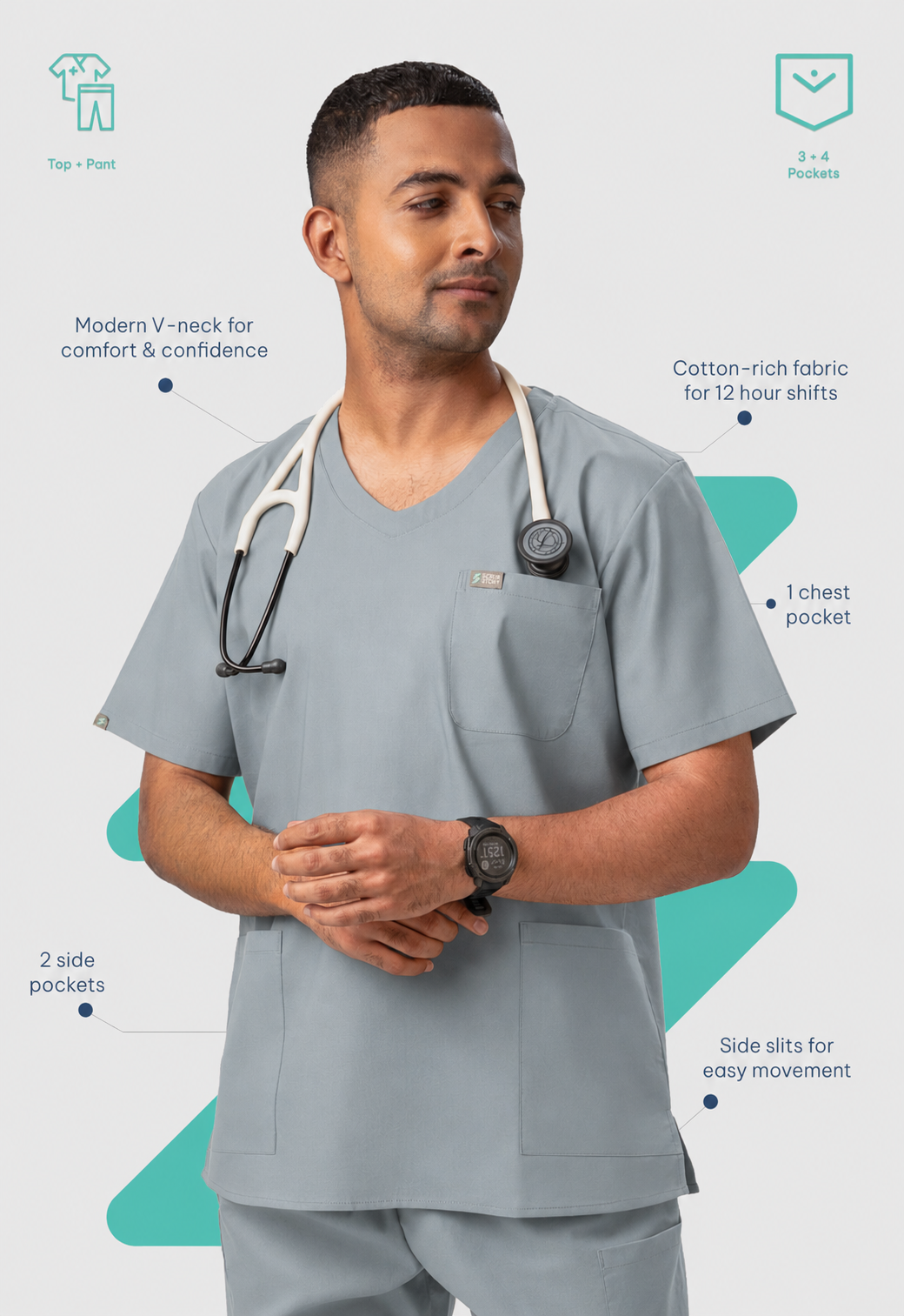 Modern V-Neck Top | Straight Pant 7 Pocket Men's Cotton ScrubSet#Color_Slate Grey