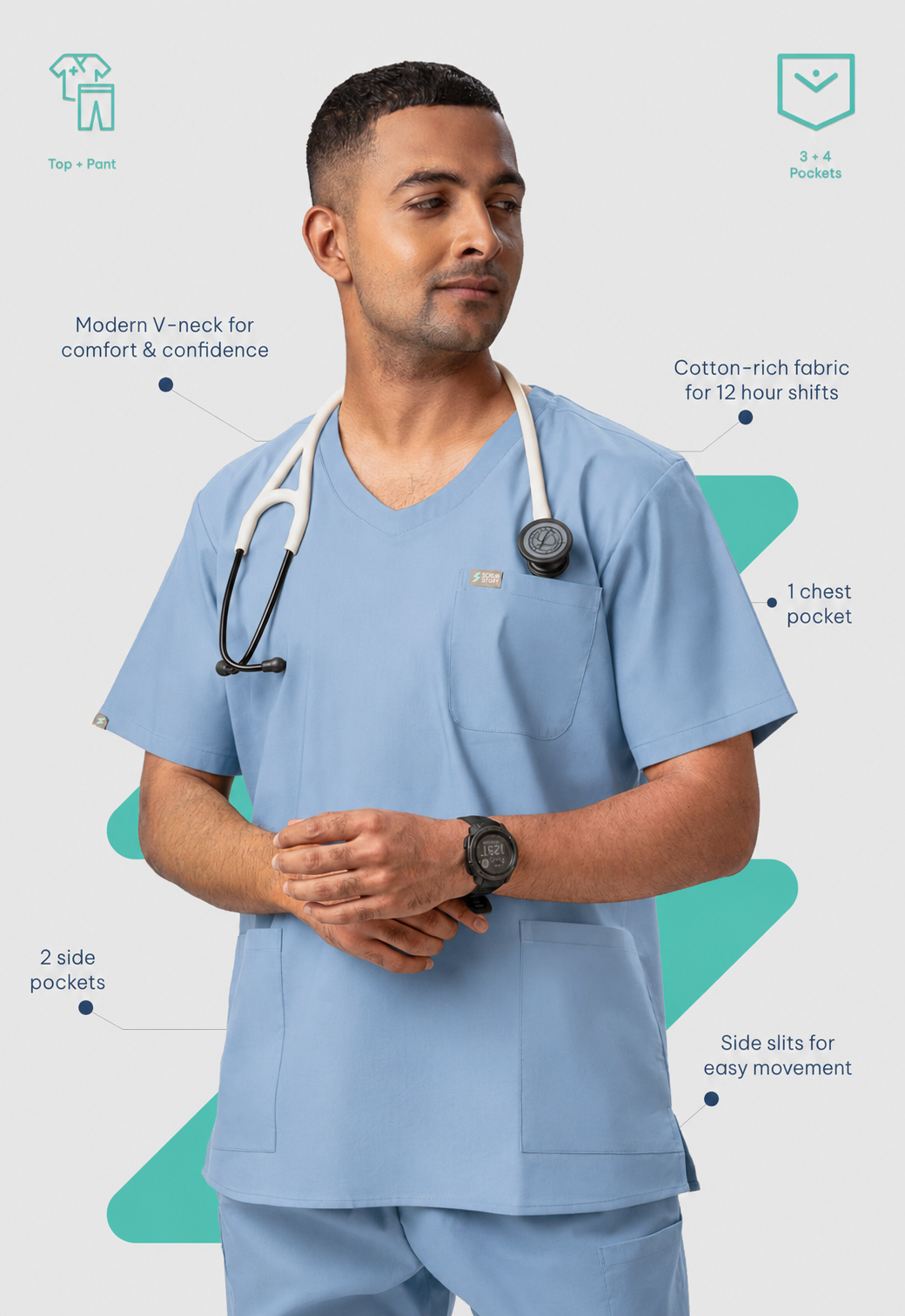 Modern V-Neck Top | Straight Pant 7 Pocket Men's Cotton ScrubSet#Color_Ceil Blue