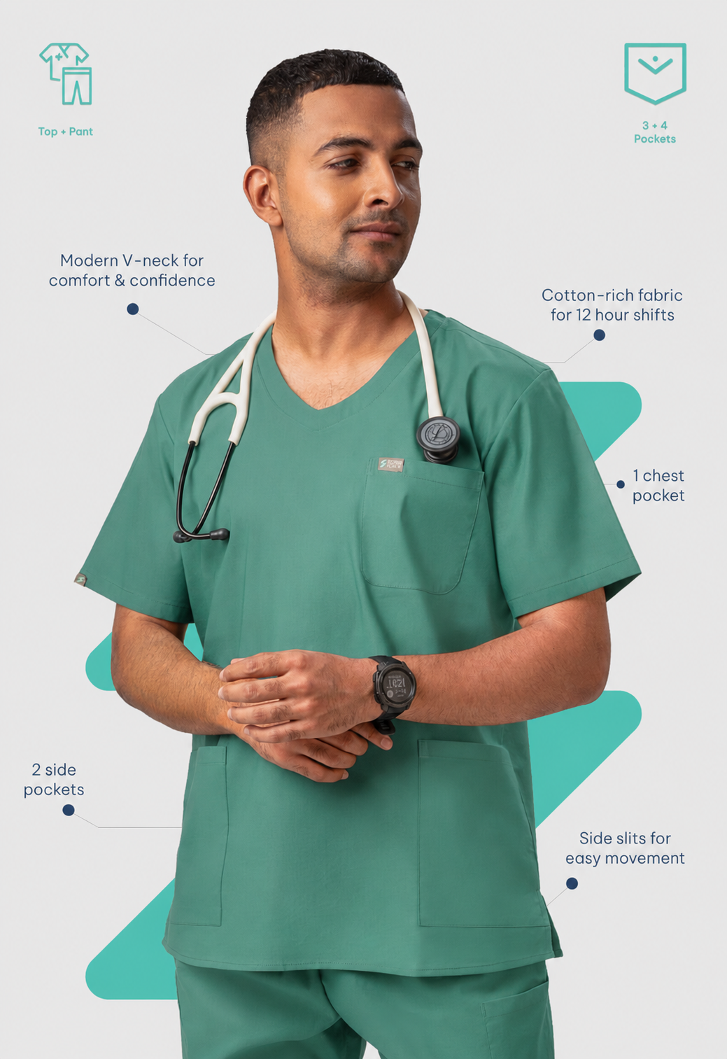 Modern V-Neck Top | Straight Pant 7 Pocket Men's Cotton ScrubSet#Color_Ocean Teal