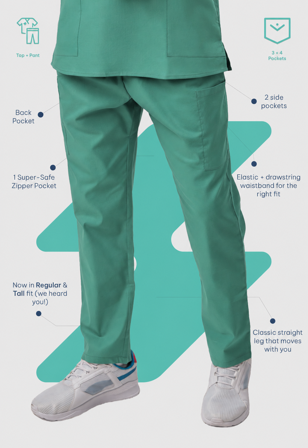 Modern V-Neck Top | Straight Pant 7 Pocket Men's Cotton ScrubSet#Color_Ocean Teal