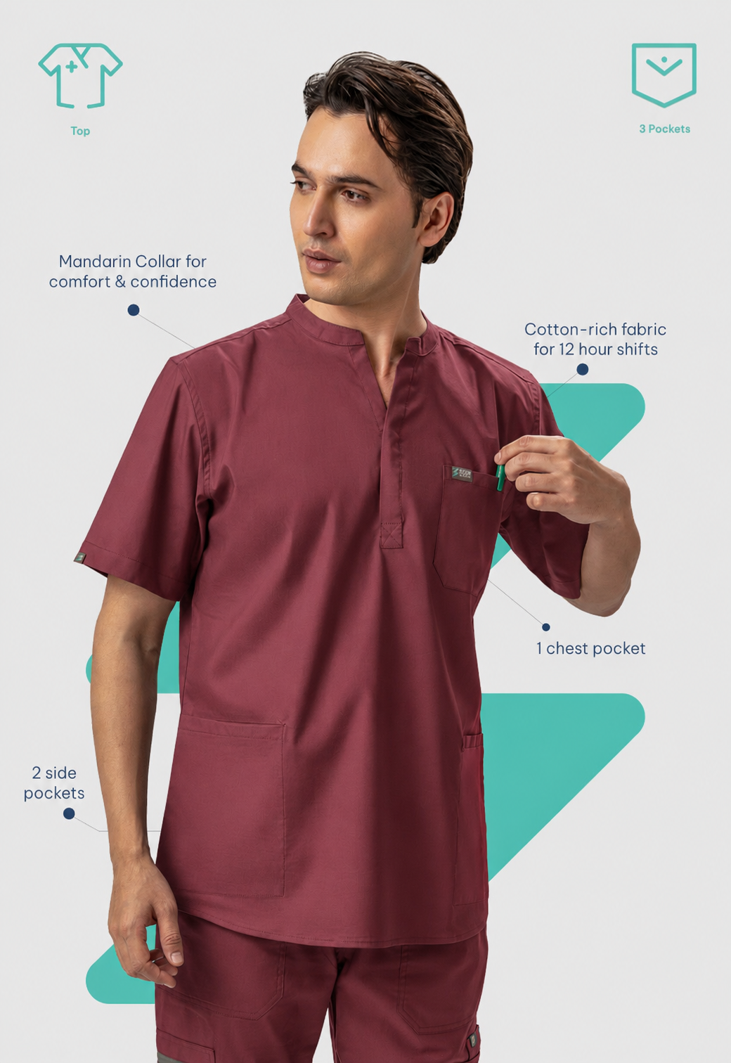 Mandarin Collar 3 Pocket Men's Cotton Scrub Top#Color_Royal Plum