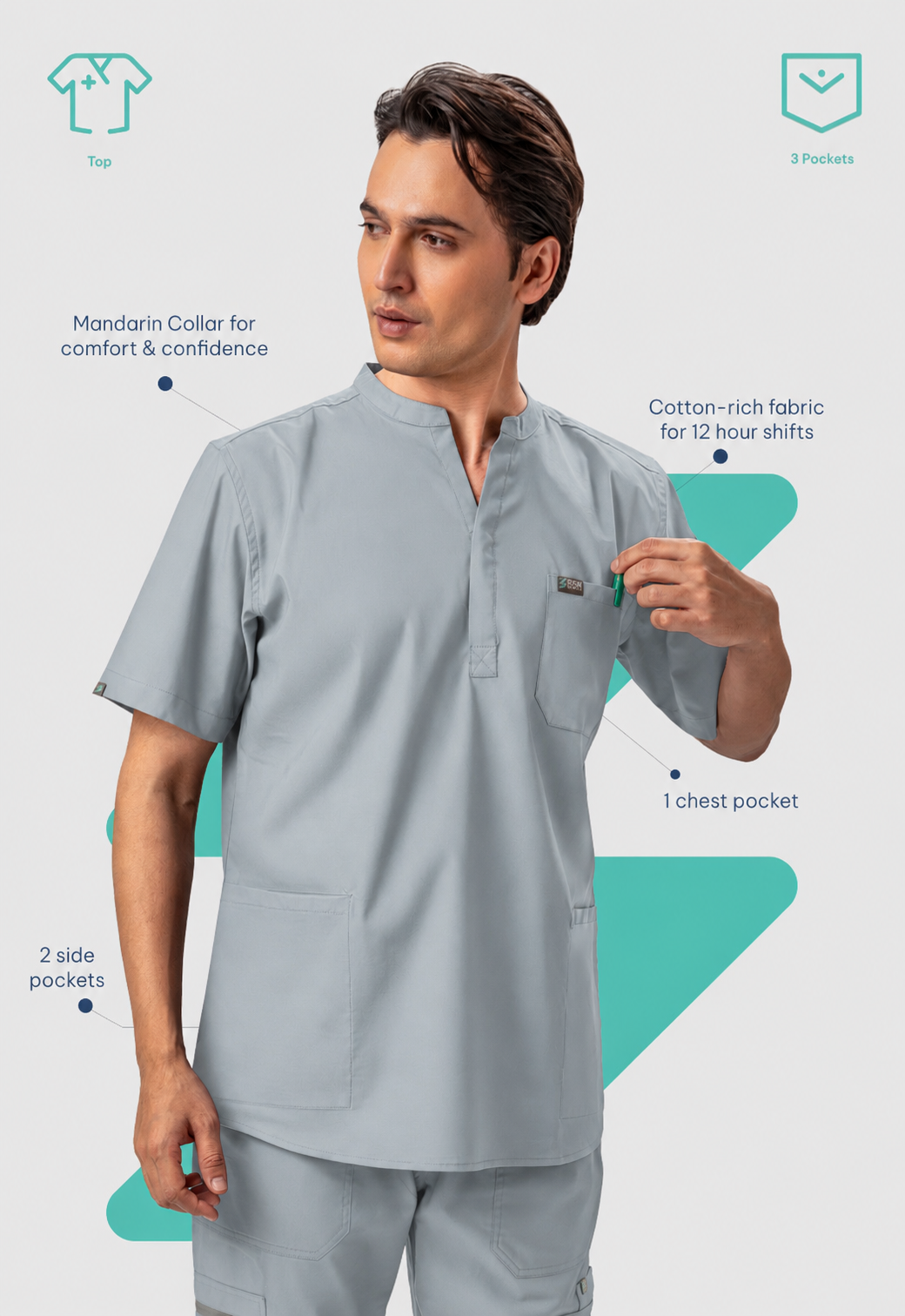 Mandarin Collar 3 Pocket Men's Cotton Scrub Top#Color_Slate Grey