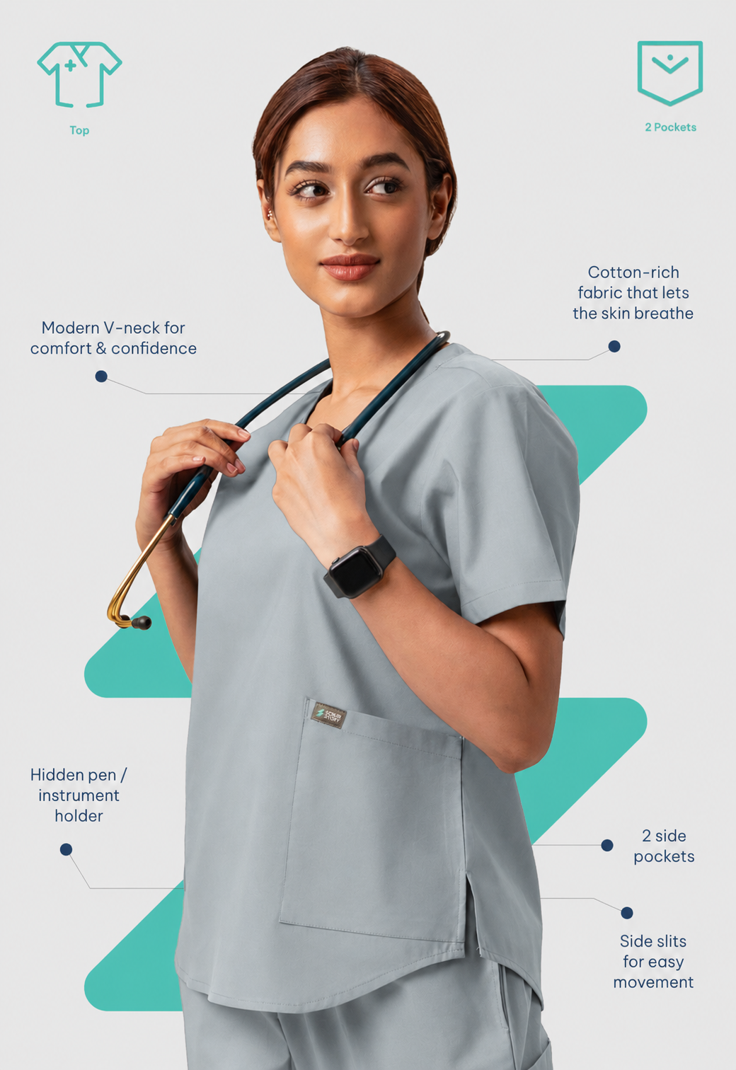 Modern V-Neck 2 Pocket Women's Cotton Scrub Top#Color_Slate Grey