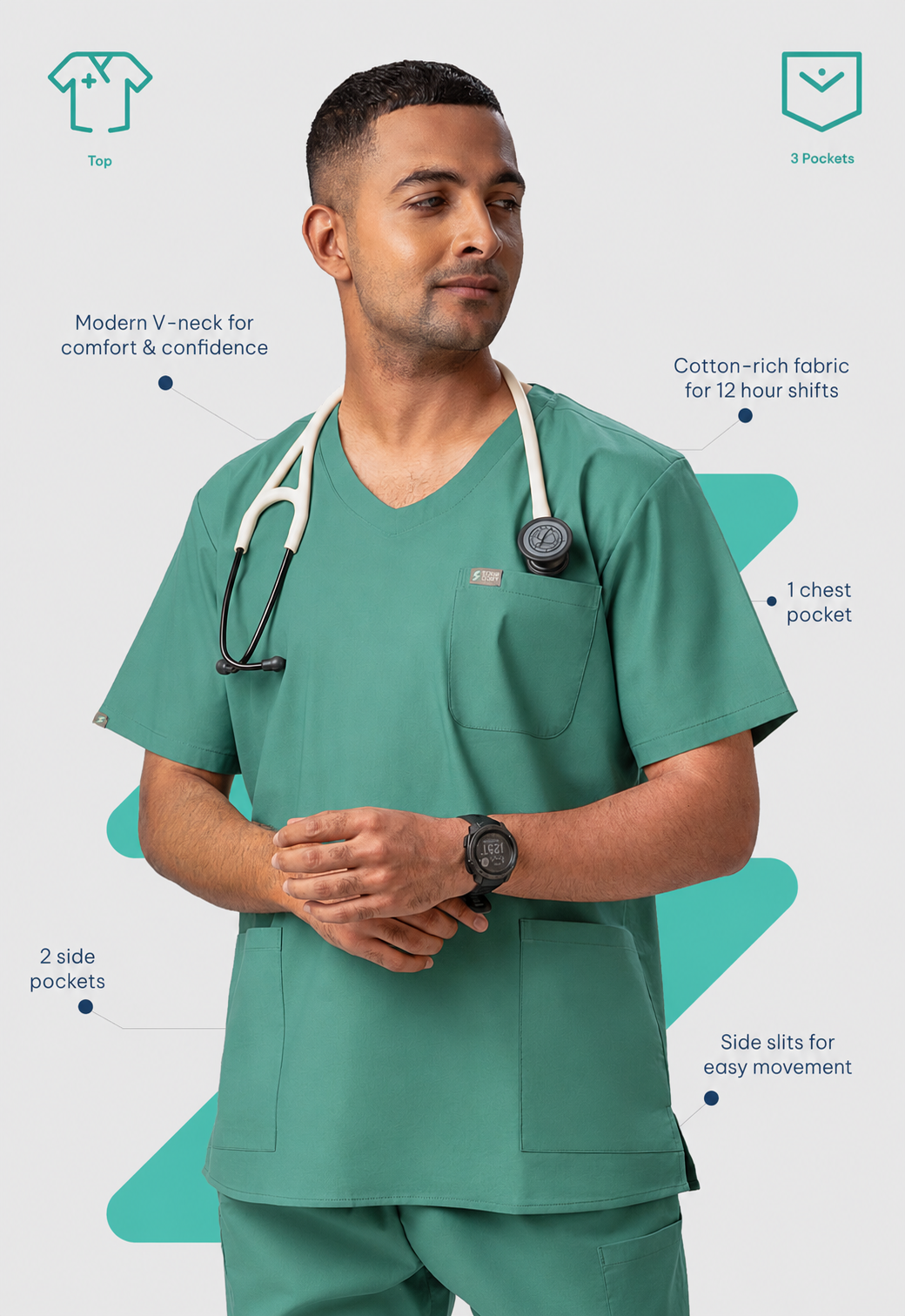 Modern V-Neck 3 Pocket Men's Cotton Scrub Top#Color_Ocean Teal