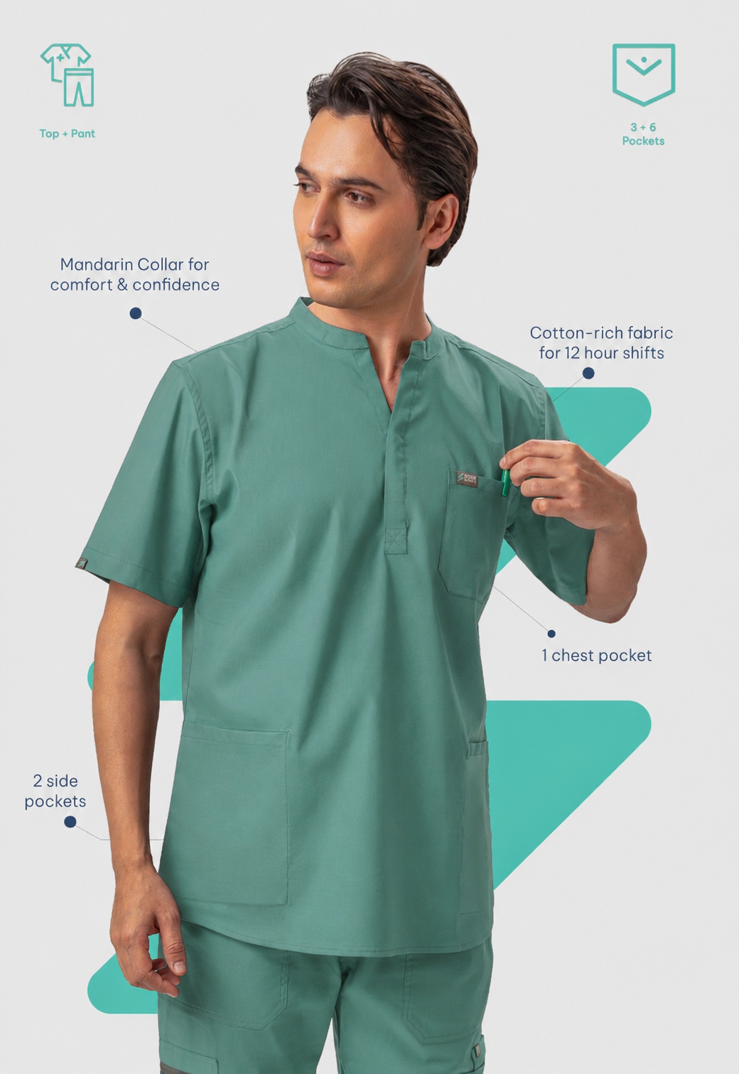 Mandarin Collar Top| Cargo Pant 9 Pocket Men's Cotton ScrubSet#Color_Ocean Teal