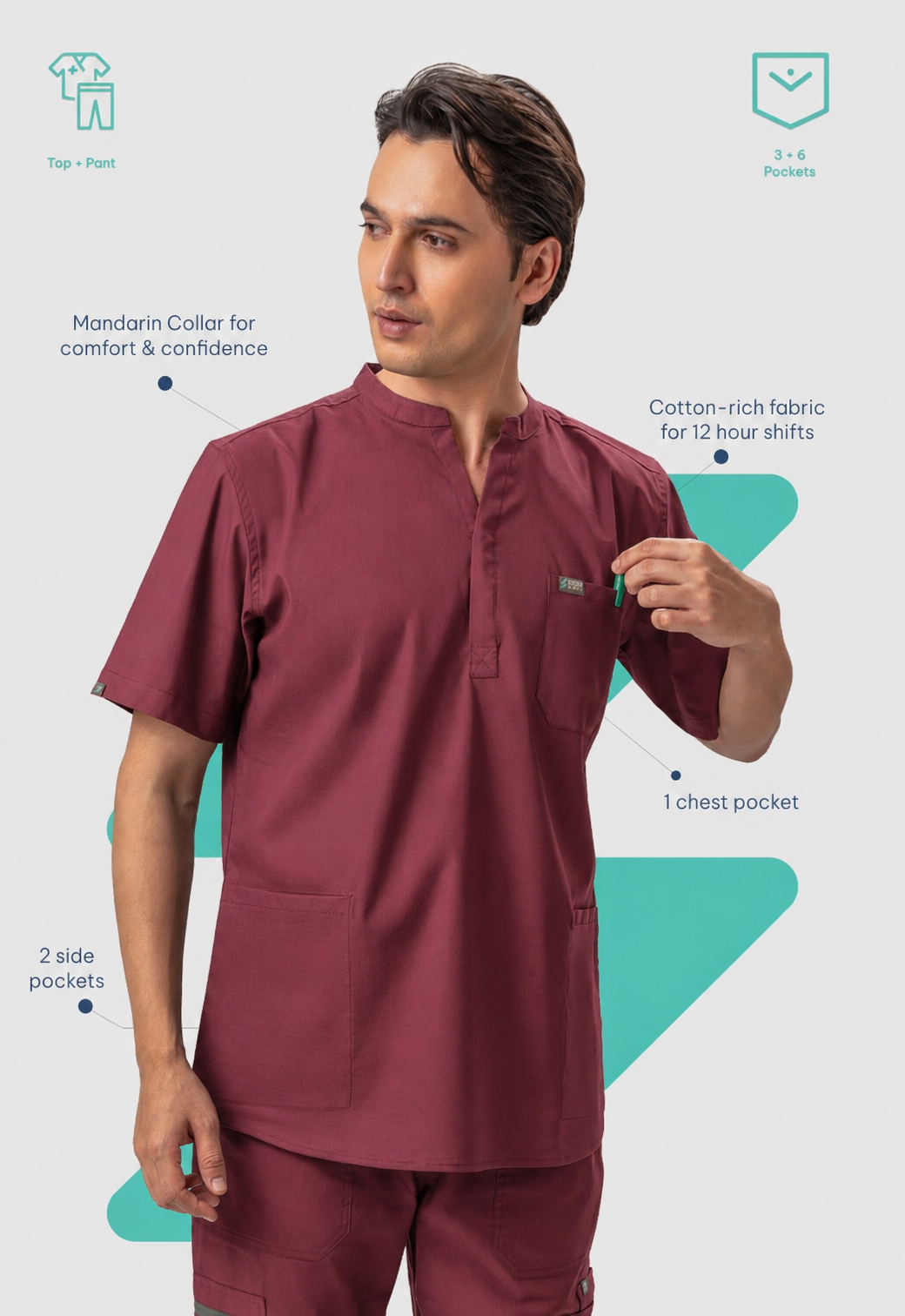 Mandarin Collar Top| Cargo Pant 9 Pocket Men's Cotton ScrubSet#Color_Royal Plum