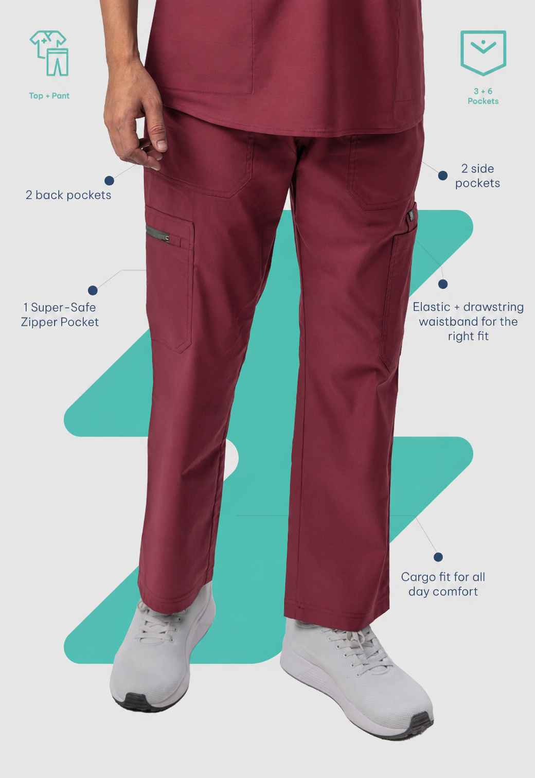 Mandarin Collar Top| Cargo Pant 9 Pocket Men's Cotton ScrubSet#Color_Royal Plum