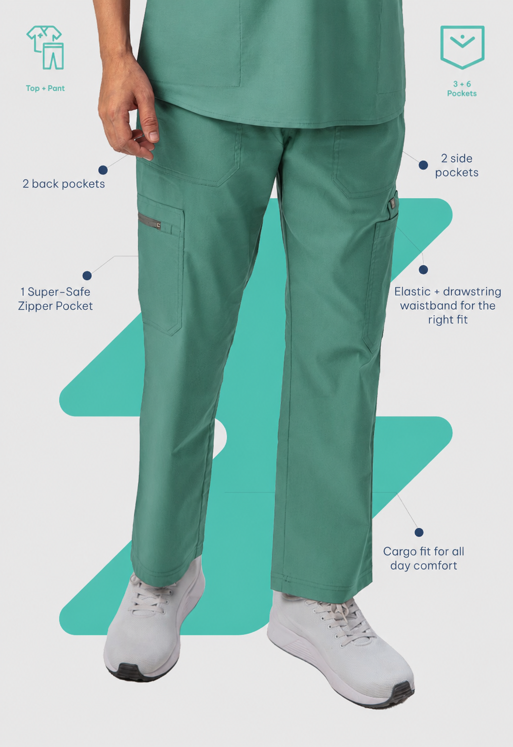 Mandarin Collar Top| Cargo Pant 9 Pocket Men's Cotton ScrubSet#Color_Ocean Teal