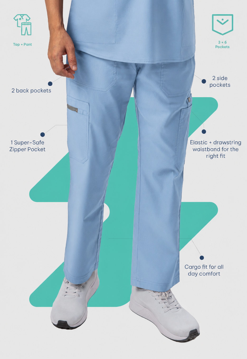 Mandarin Collar Top| Cargo Pant 9 Pocket Men's Cotton ScrubSet#Color_Ceil Blue