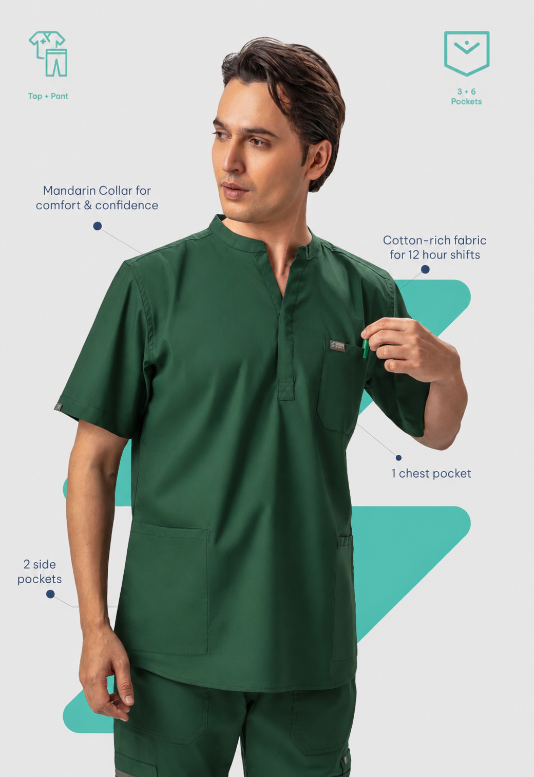 Mandarin Collar Top| Cargo Pant 9 Pocket Men's Cotton ScrubSet#Color_Forest Green