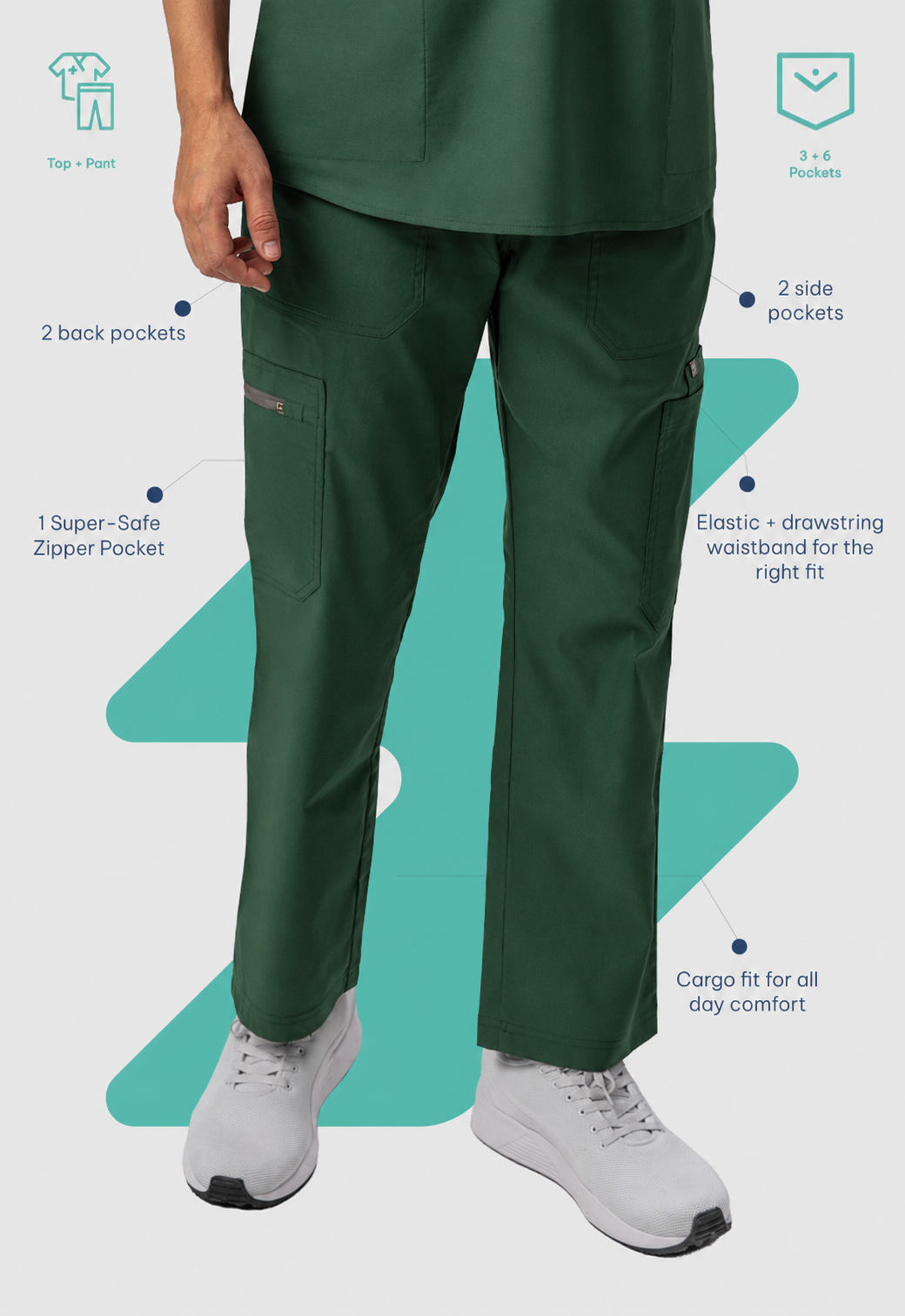 Mandarin Collar Top| Cargo Pant 9 Pocket Men's Cotton ScrubSet#Color_Forest Green