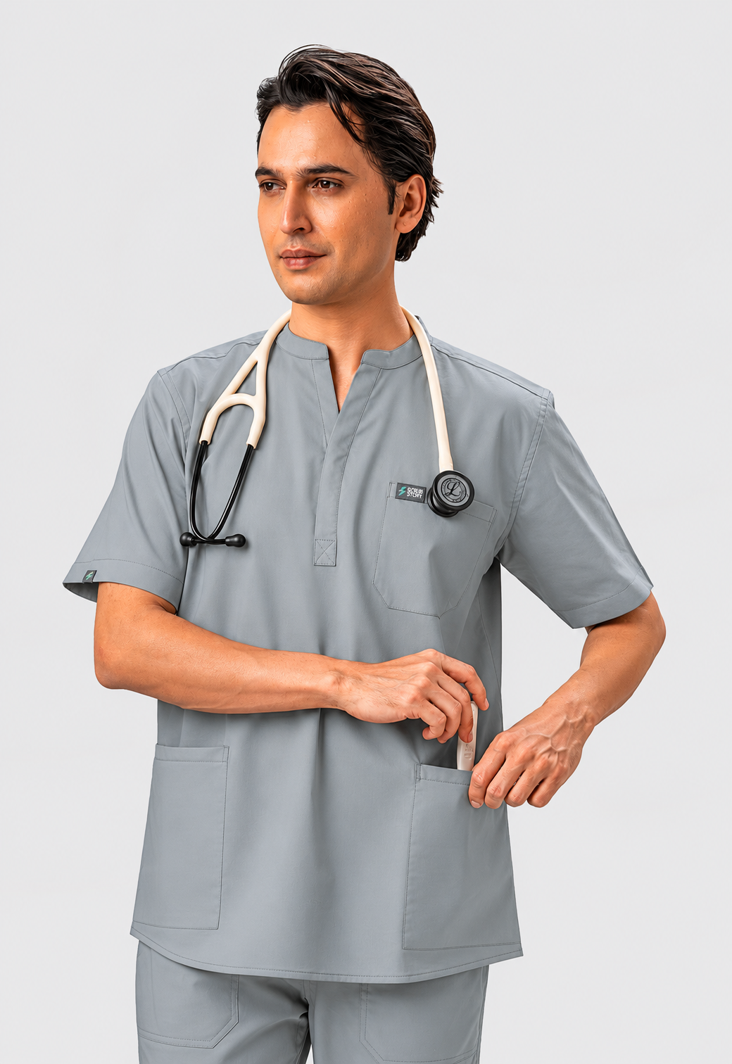 Mandarin Collar 3 Pocket Men's Cotton Scrub Top#Color_Slate Grey