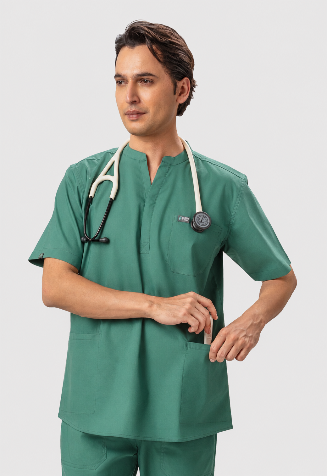 Mandarin Collar 3 Pocket Men's Cotton Scrub Top#Color_Ocean Teal