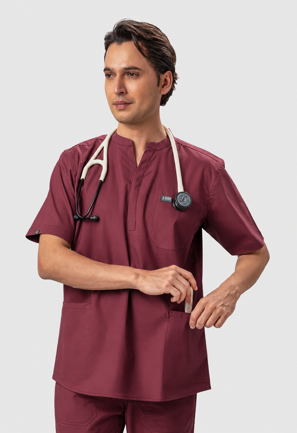 Mandarin Collar 3 Pocket Men's Cotton Scrub Top#Color_Royal Plum