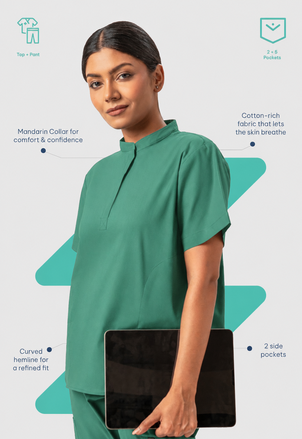 Mandarin Collar Top | Wide Leg Pant 7 Pocket Women's Cotton ScrubSet#Color_Ocean Teal