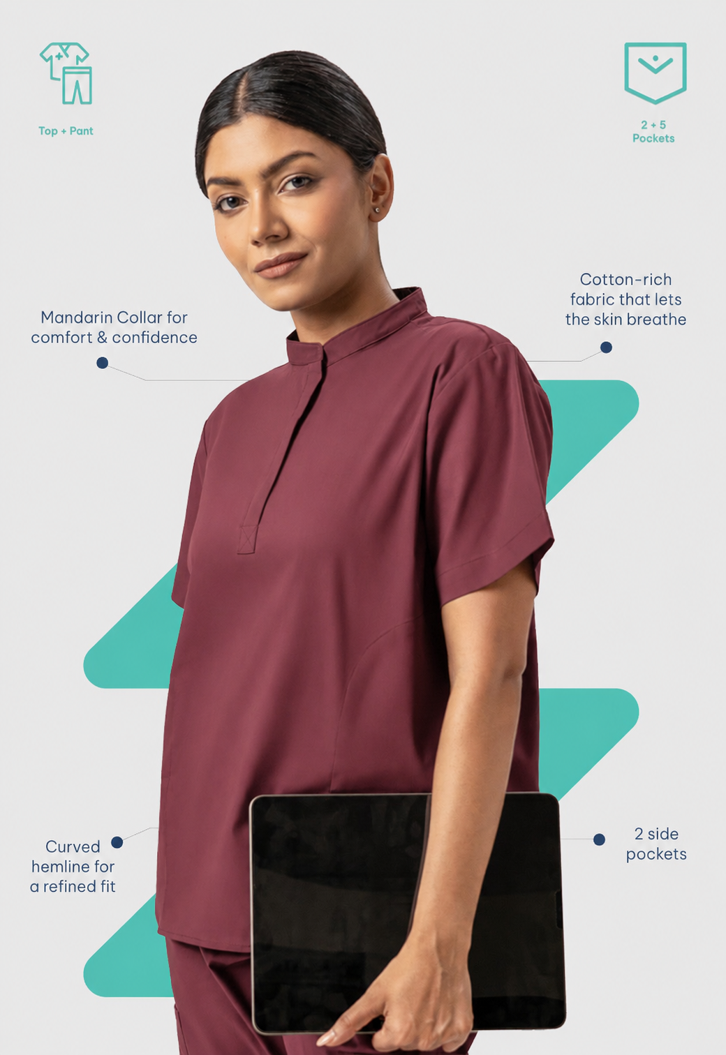 Mandarin Collar Top | Wide Leg Pant 7 Pocket Women's Cotton ScrubSet#Color_Royal Plum