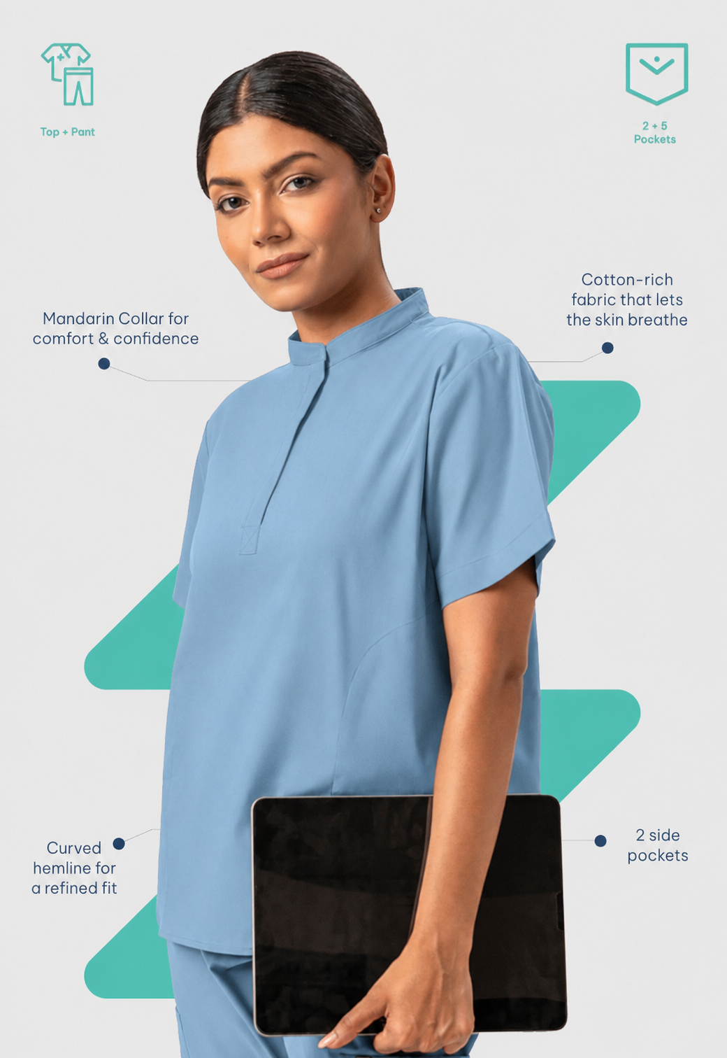 Mandarin Collar Top | Wide Leg Pant 7 Pocket Women's Cotton ScrubSet#Color_Ceil Blue