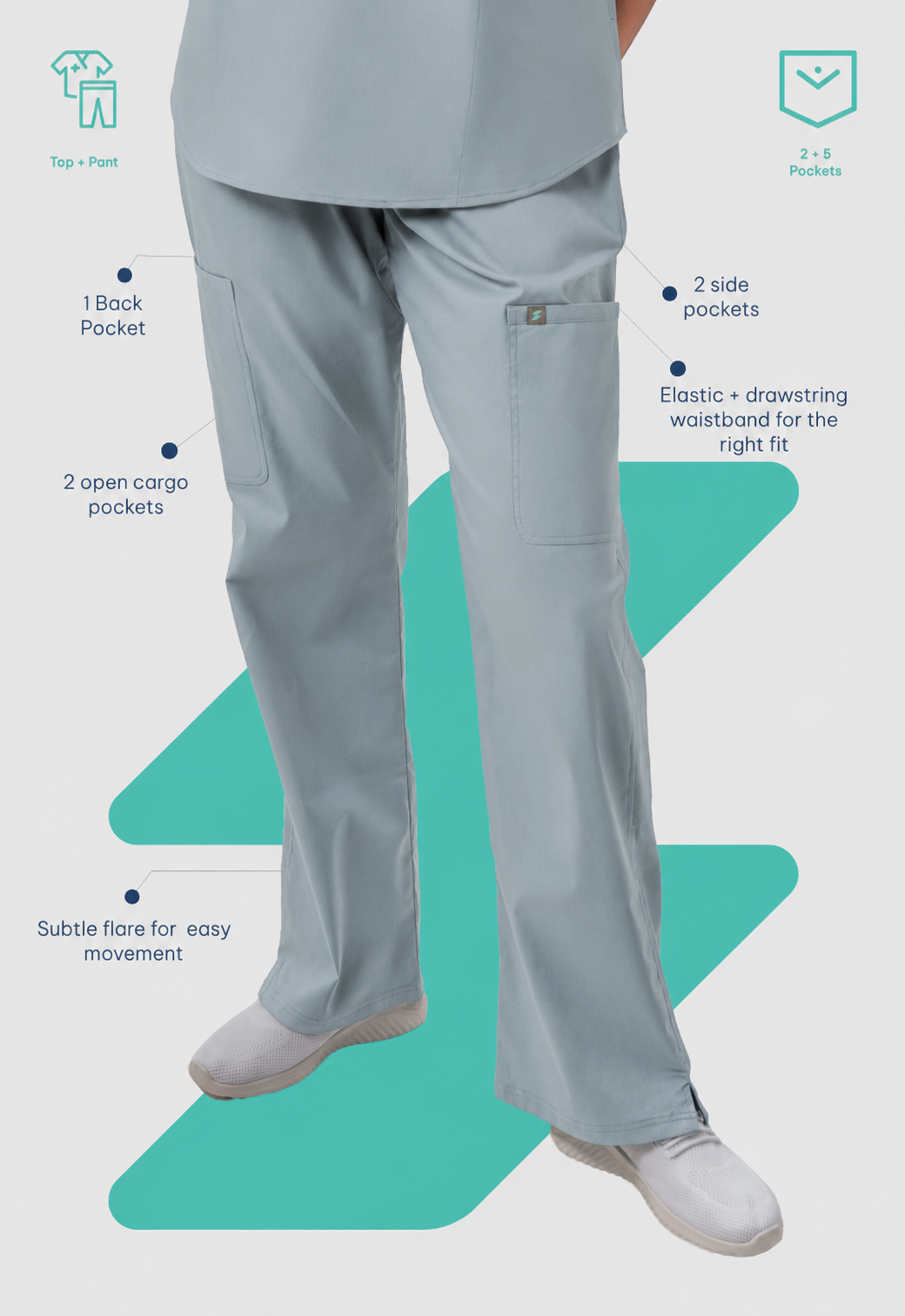 Mandarin Collar Top | Wide Leg Pant 7 Pocket Women's Cotton ScrubSet#Color_Slate Grey