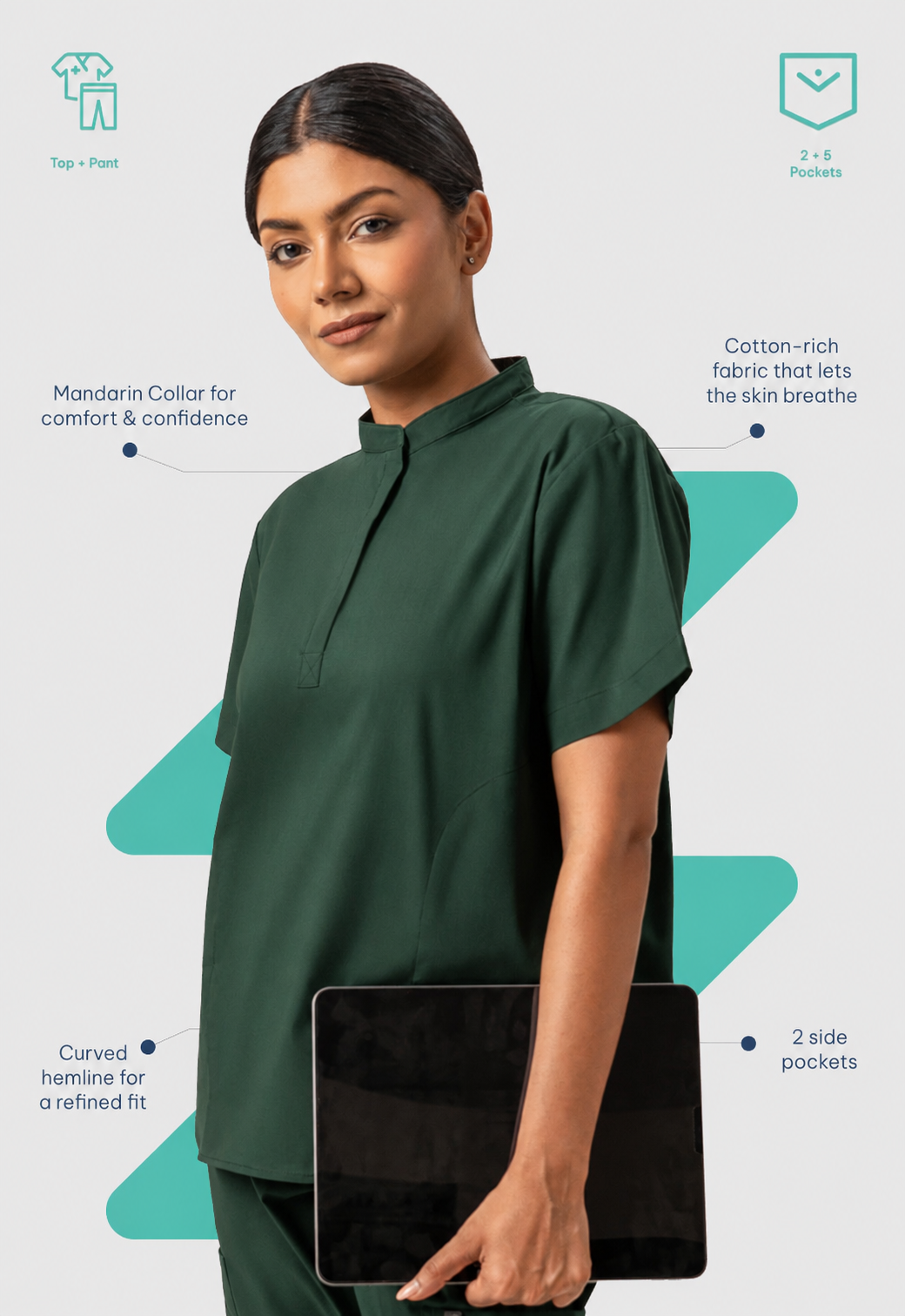Mandarin Collar Top | Wide Leg Pant 7 Pocket Women's Cotton ScrubSet#Color_Forest Green