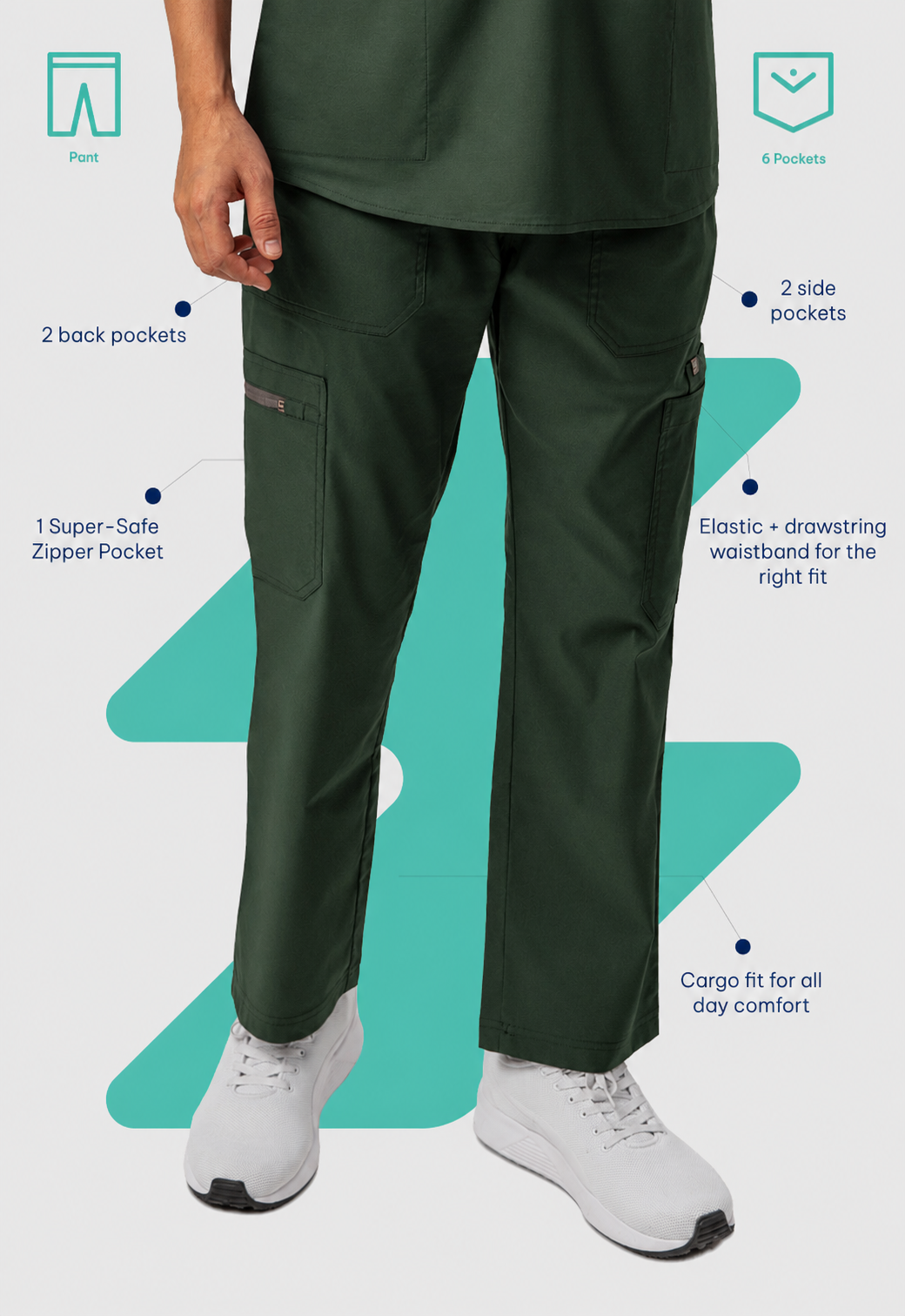 Cargo 6 Pocket Men's Cotton Scrub Pant#Color_Forest Green