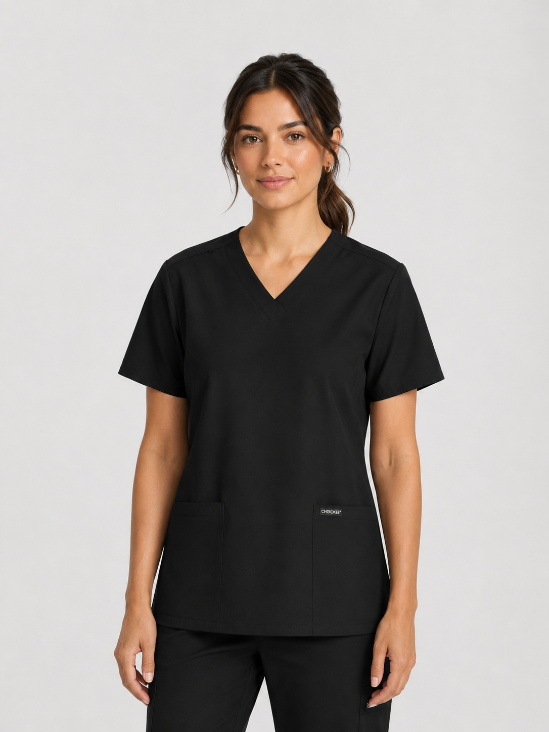 V-Neck Top | Straight Leg Pant 5 Pocket Unisex Scrub Set#Color_Black