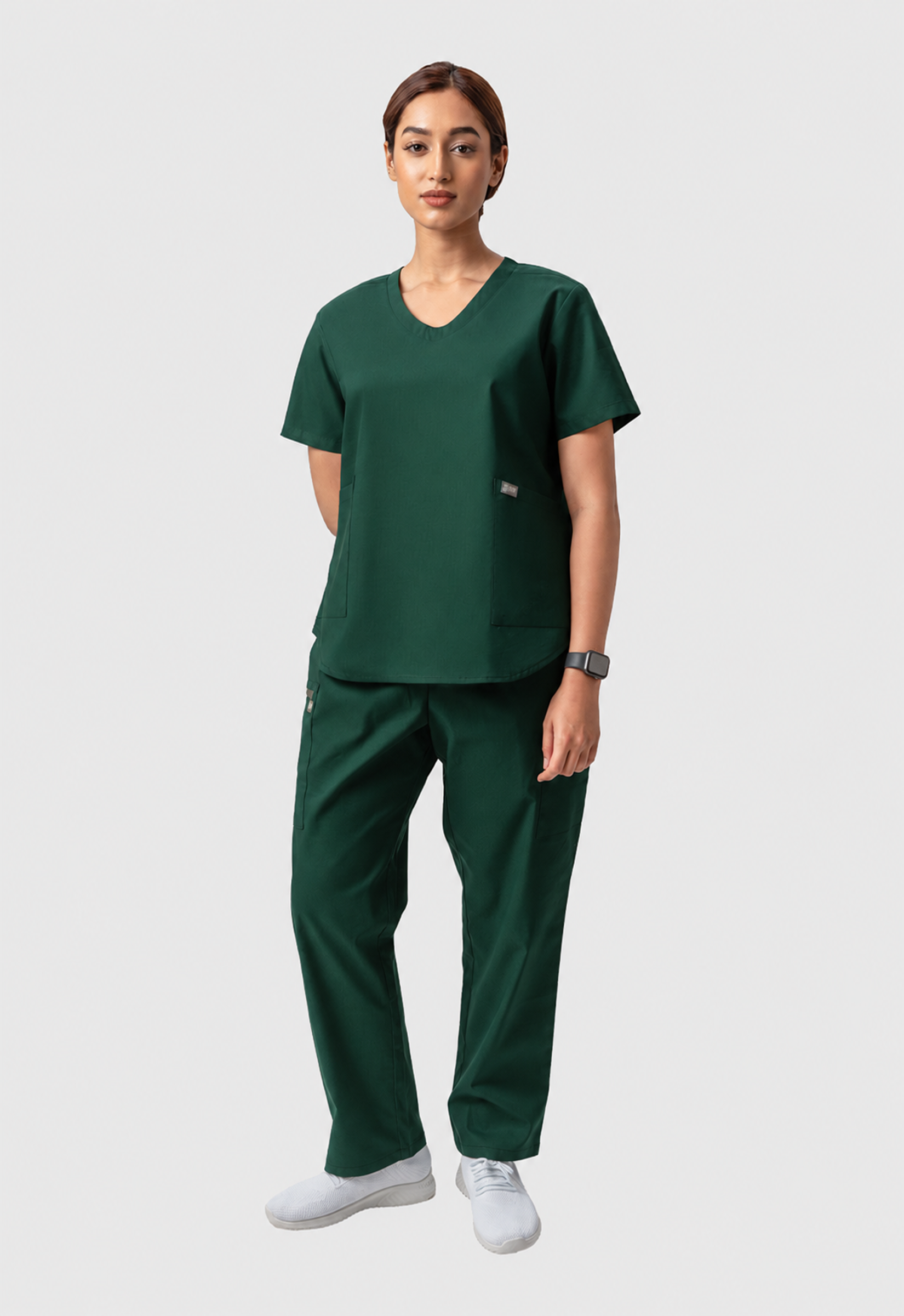 Modern V-Neck Top | Straight Pant 6 Pocket Women's Cotton ScrubSet#Color_Forest Green