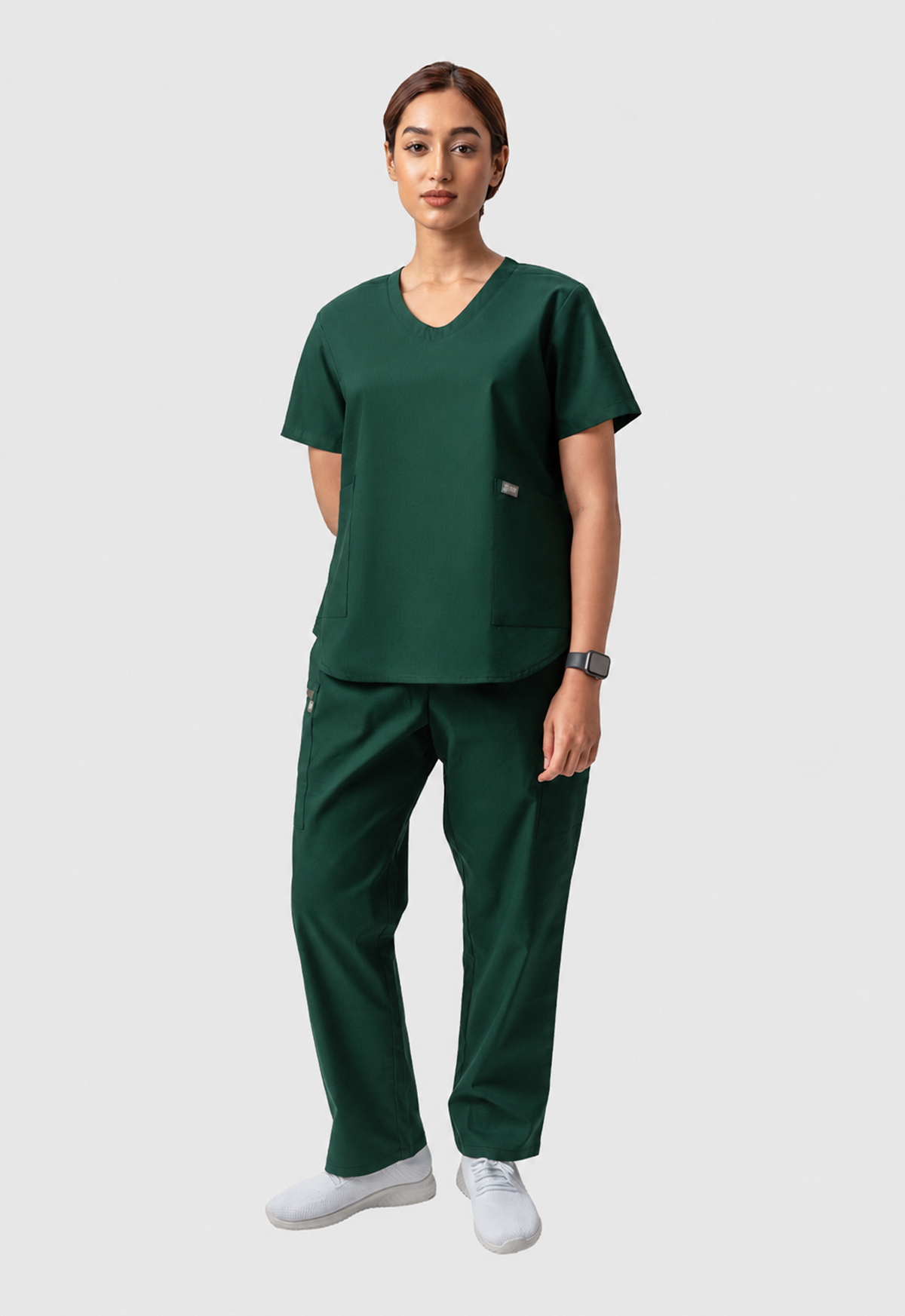 Modern V-Neck Top | Straight Pant 6 Pocket Women's Cotton ScrubSet#Color_Forest Green