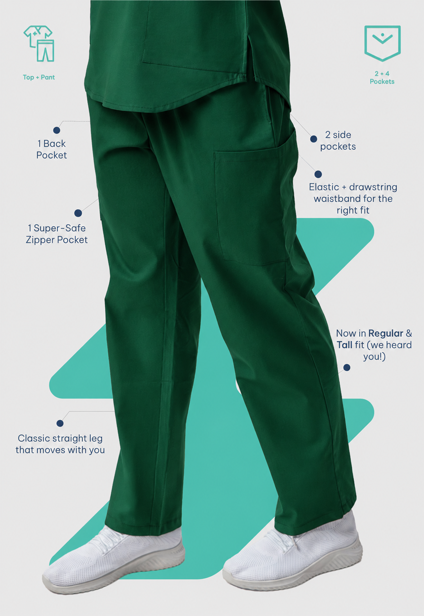 Modern V-Neck Top | Straight Pant 6 Pocket Women's Cotton ScrubSet#Color_Forest Green