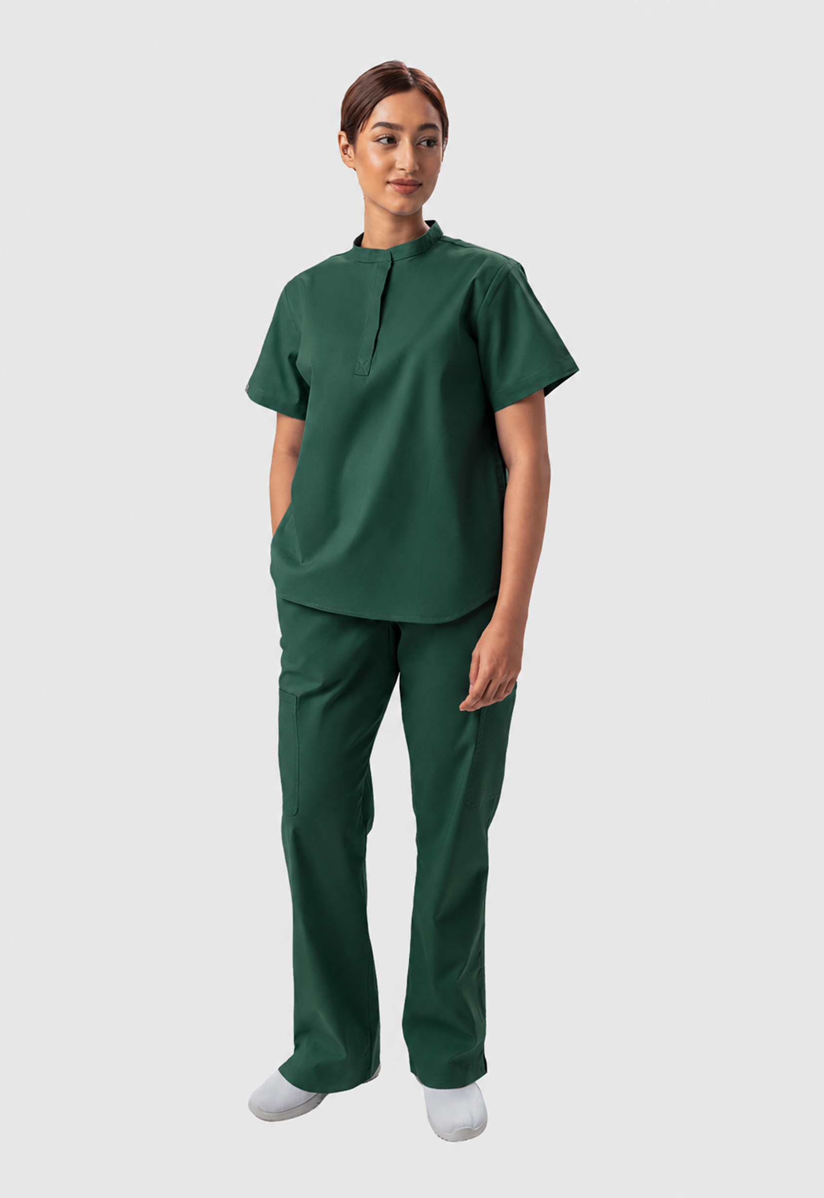 Mandarin Collar Top | Wide Leg Pant 7 Pocket Women's Cotton ScrubSet#Color_Forest Green