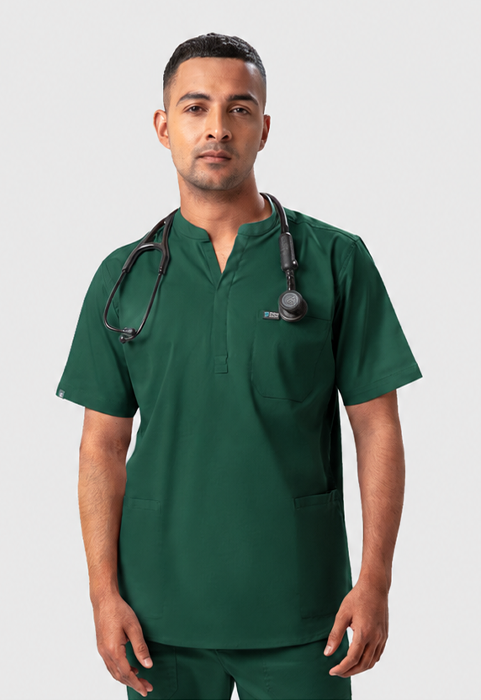 Mandarin Collar 3 Pocket Men's Cotton Scrub Top#Color_Forest Green