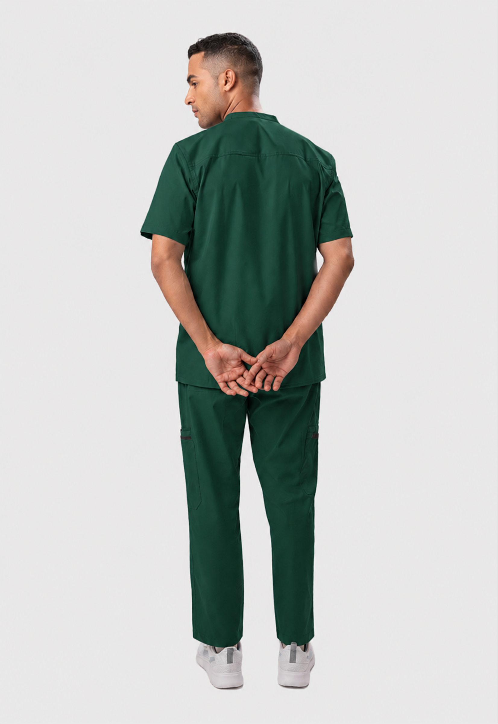 Mandarin Collar Top| Cargo Pant 9 Pocket Men's Cotton ScrubSet#Color_Forest Green