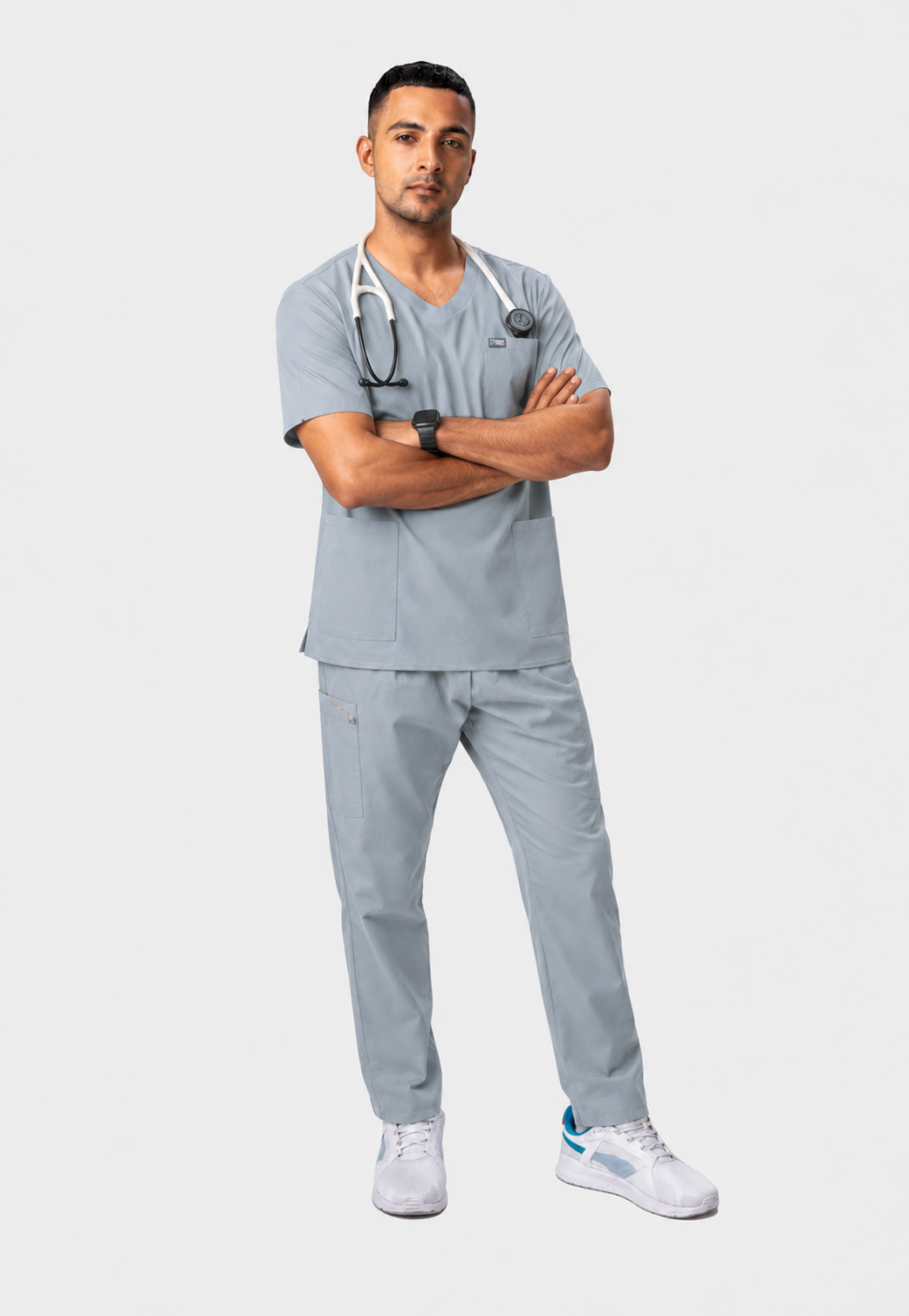 Modern V-Neck Top | Straight Pant 7 Pocket Men's Cotton ScrubSet#Color_Slate Grey