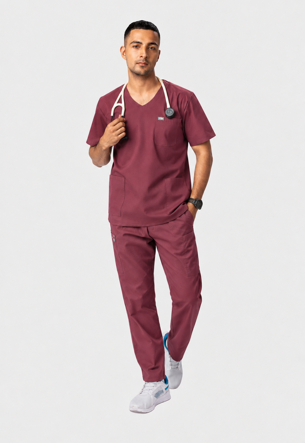 Modern V-Neck Top | Straight Pant 7 Pocket Men's Cotton ScrubSet#Color_Royal Plum