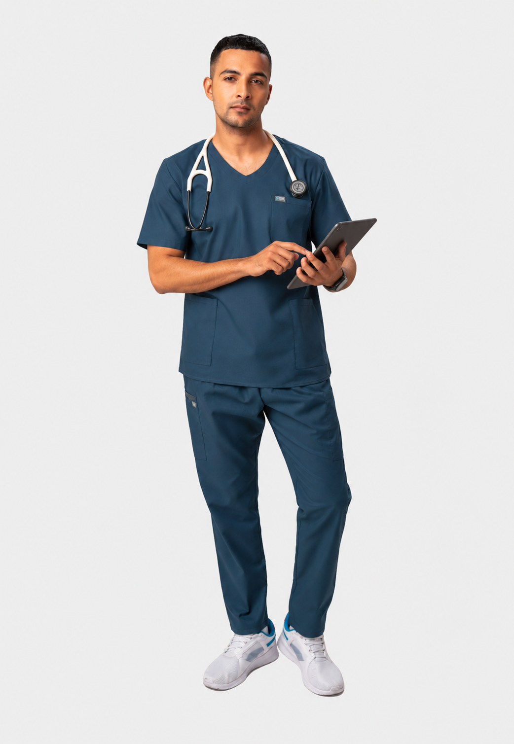 Modern V-Neck Top | Straight Pant 7 Pocket Men's Cotton ScrubSet#Color_Air Blue