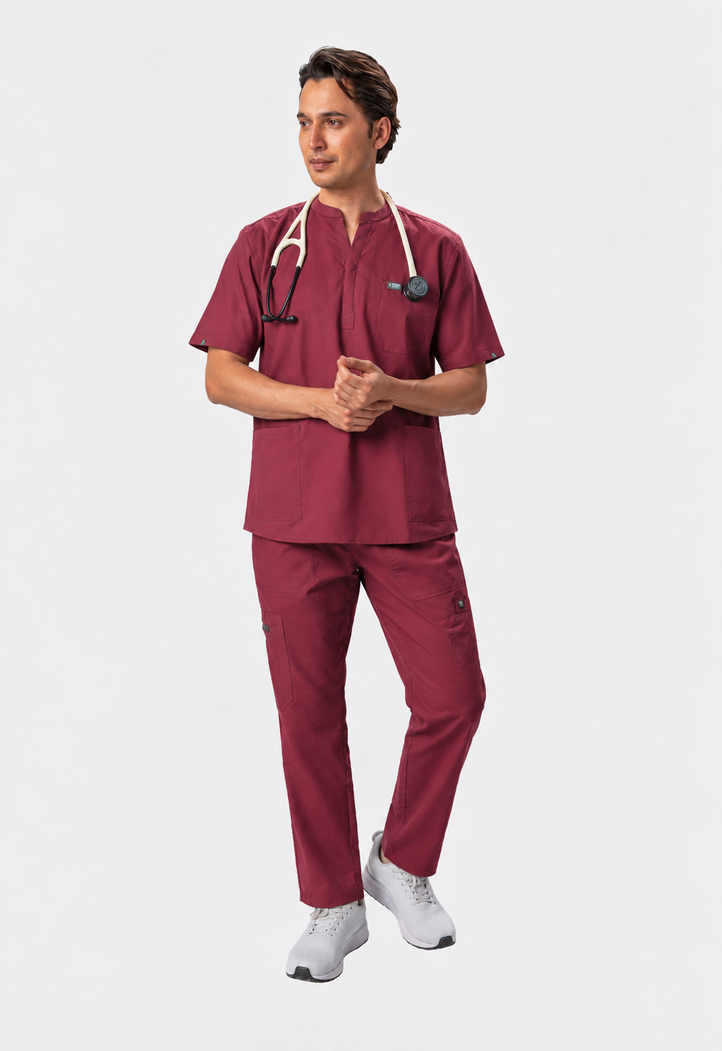 Mandarin Collar Top| Cargo Pant 9 Pocket Men's Cotton ScrubSet#Color_Royal Plum