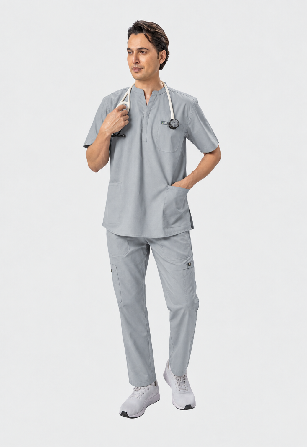 Mandarin Collar Top| Cargo Pant 9 Pocket Men's Cotton ScrubSet#Color_Slate Grey