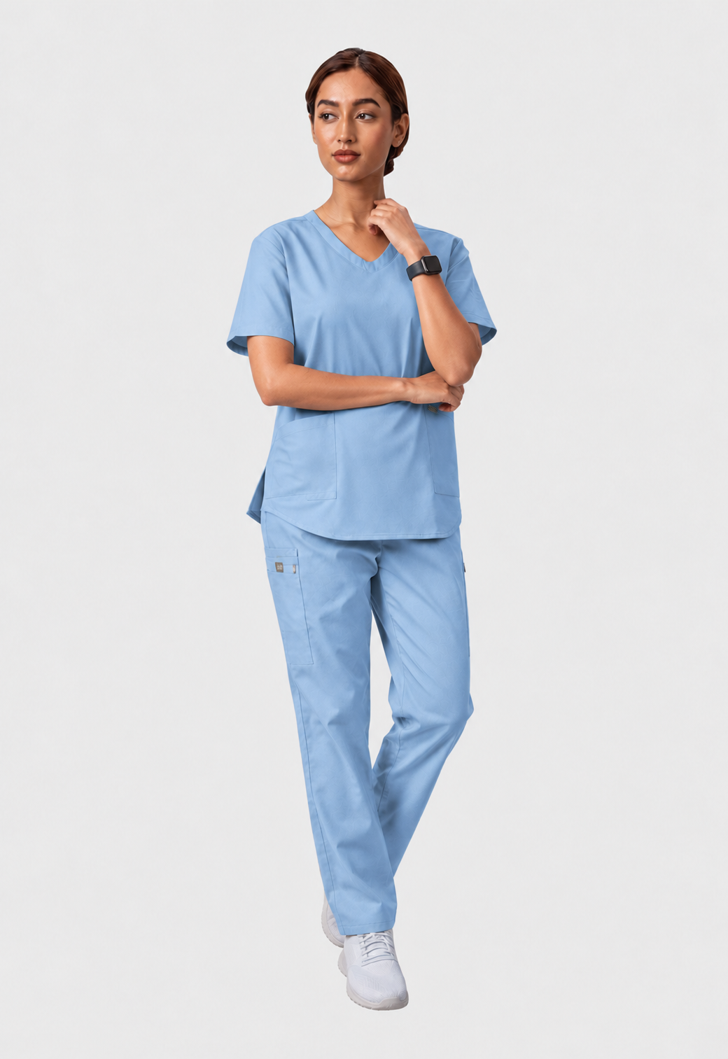 Modern V-Neck Top | Straight Pant 6 Pocket Women's Cotton ScrubSet#Color_Ceil Blue