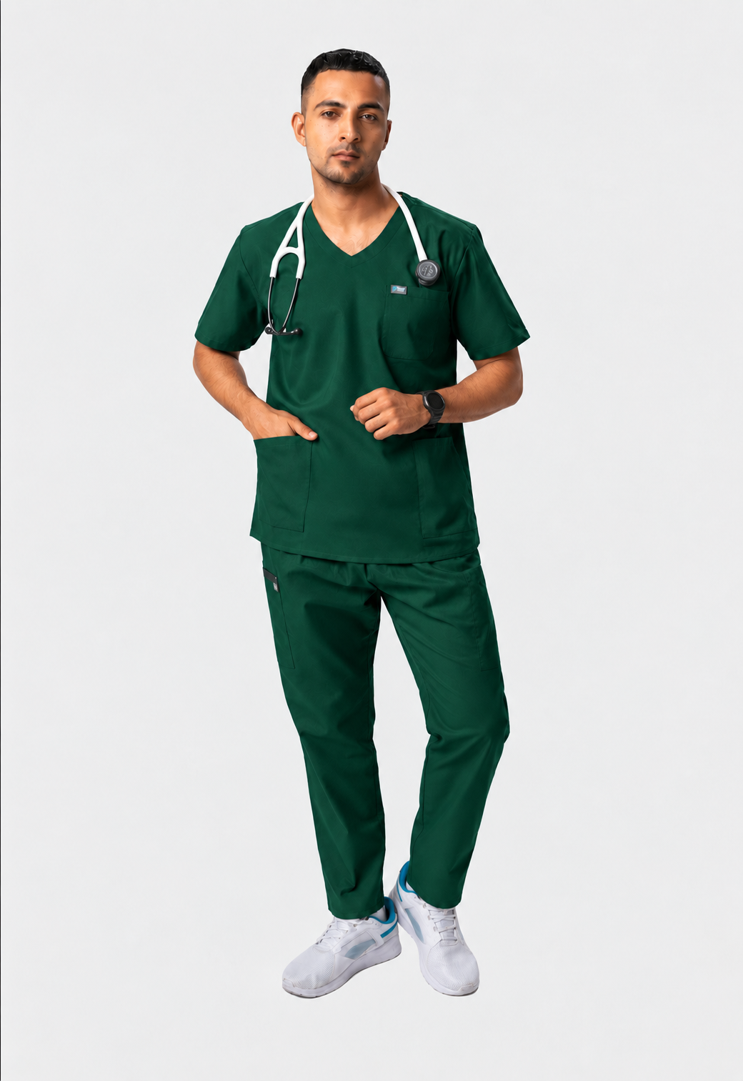 Modern V-Neck Top | Straight Pant 7 Pocket Men's Cotton ScrubSet#Color_Forest Green