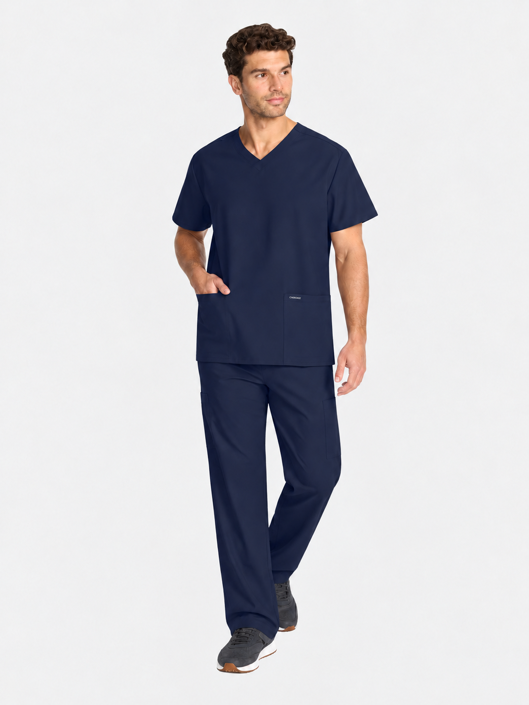 V-Neck Top | Straight Leg Pant 5 Pocket Unisex Scrub Set#Color_Navy Blue