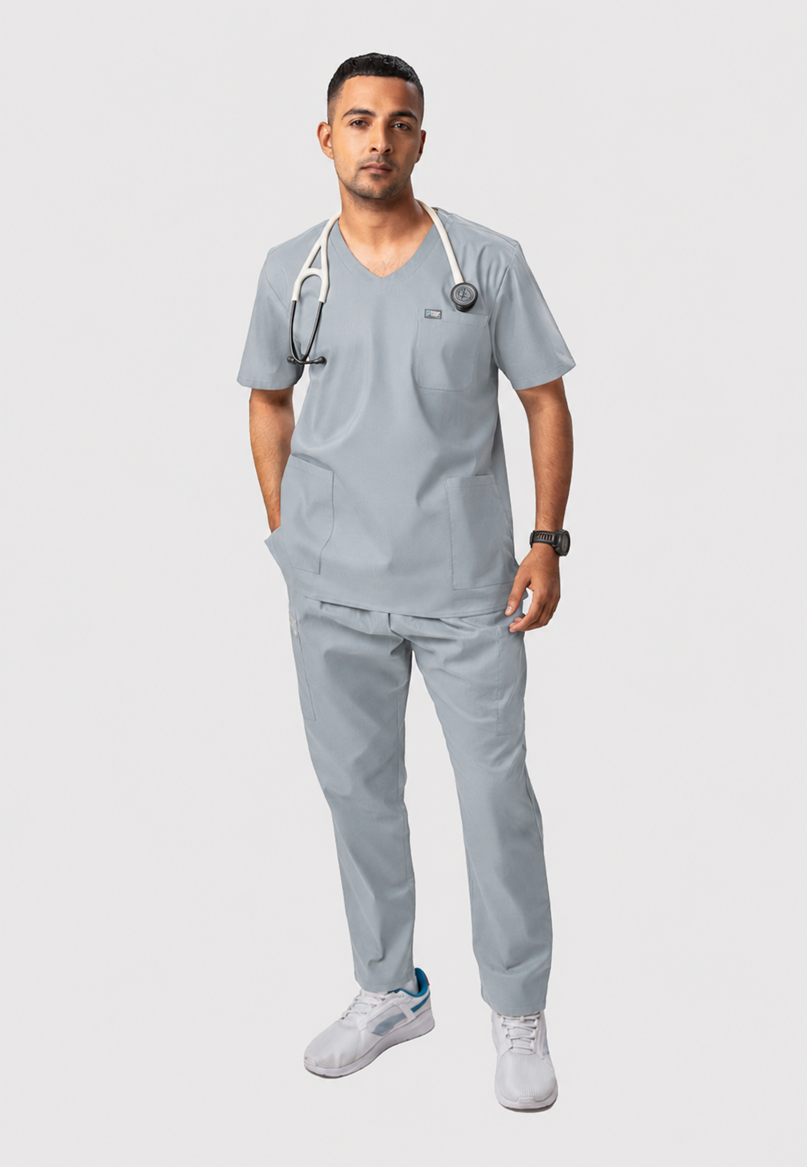 Modern V-Neck Top | Straight Pant 7 Pocket Men's Cotton ScrubSet#Color_Slate Grey