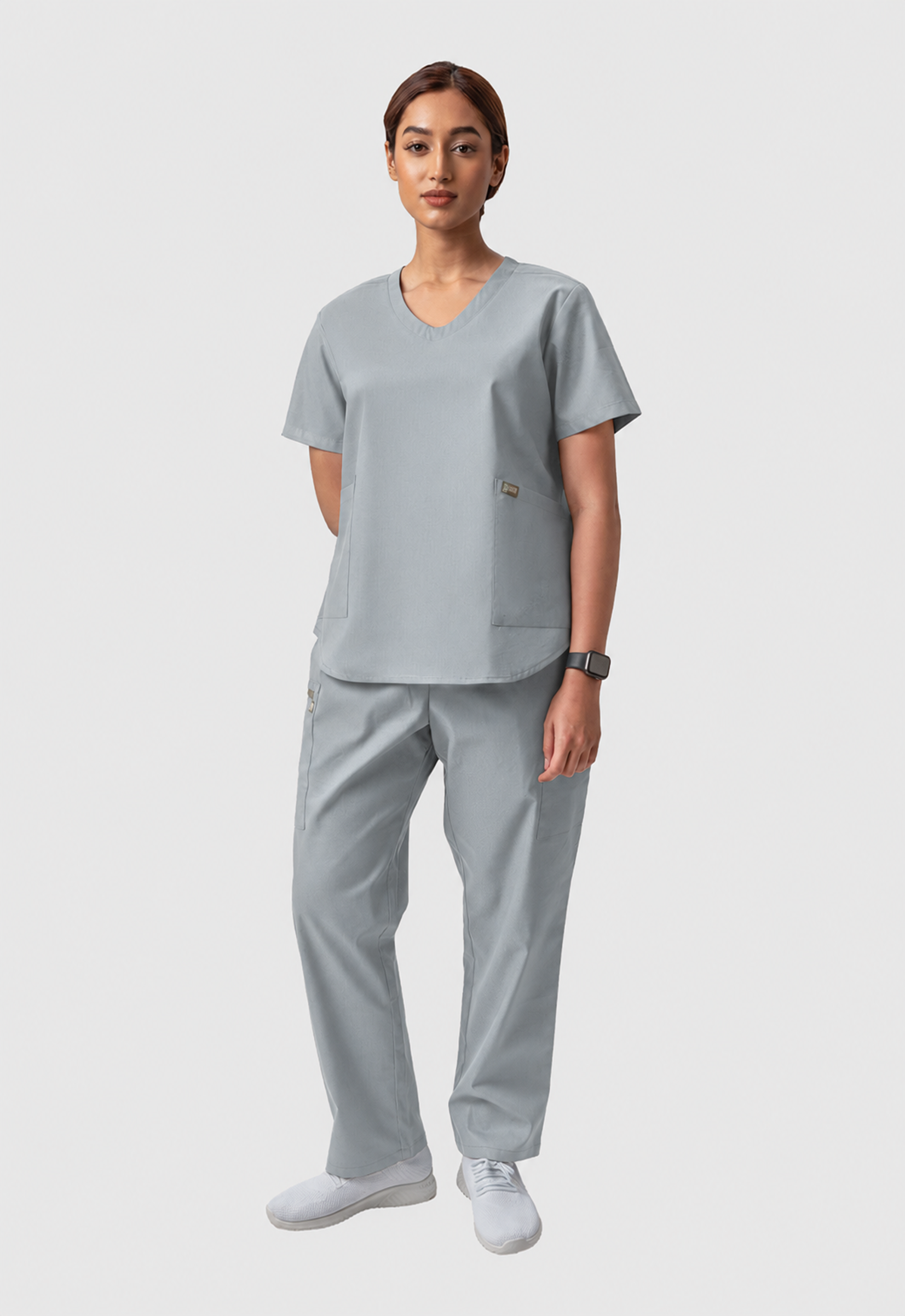 Modern V-Neck Top | Straight Pant 6 Pocket Women's Cotton ScrubSet#Color_Slate Grey