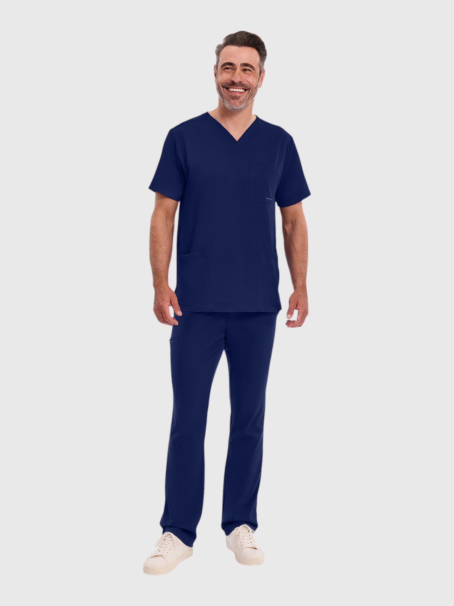 V-Neck Top | Cargo Pant 10 Pocket Men's Scrub Set#Color_Navy Blue